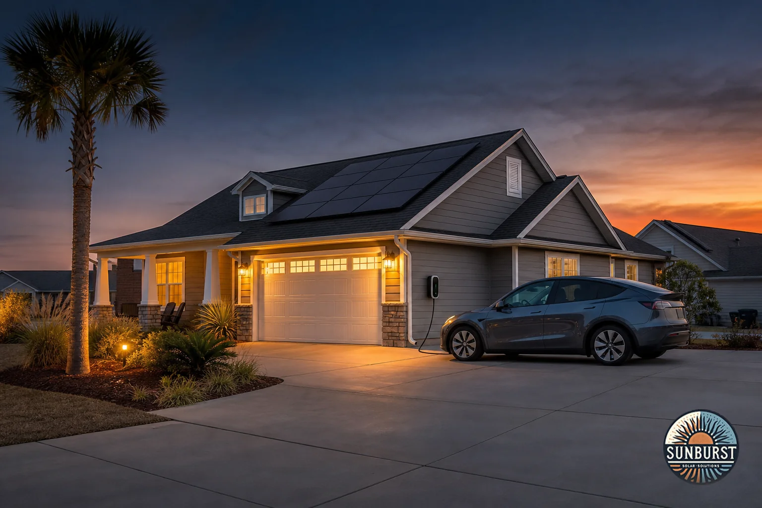 Home with rooftop solar panels and an EV charging in the driveway at dusk. Photorealistic wide shot of a suburban South Carolina home at dusk with black-on-black solar panels on the roof, an electric vehicle plugged into a wall-mounted