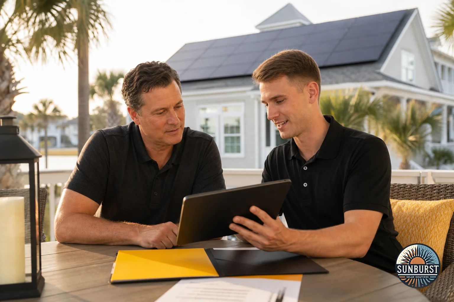 A South Carolina homeowner and installer reviewing solar paperwork and tax documents near a home with rooftop solar panels. Photorealistic photo: a homeowner and a solar installer in branded dark polo sitting at an outdoor patio table