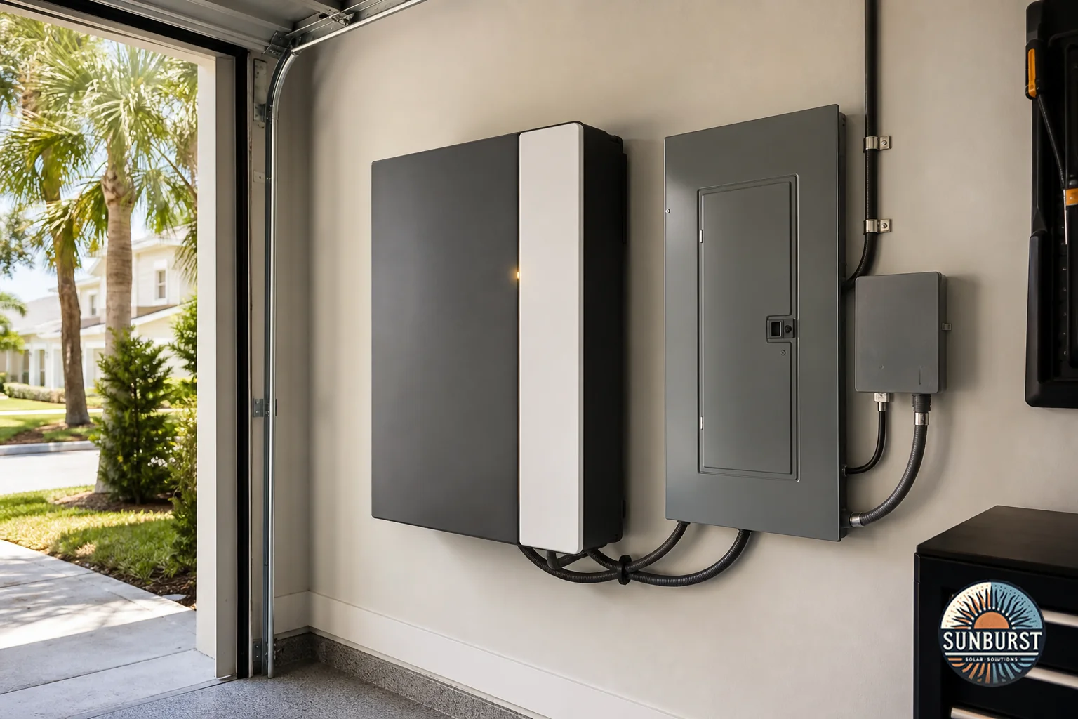 A home battery storage unit installed in a garage alongside an electrical panel, representing backup power investment. Photorealistic photo: a modern home battery storage unit mounted on a garage wall next to an updated electrical panel