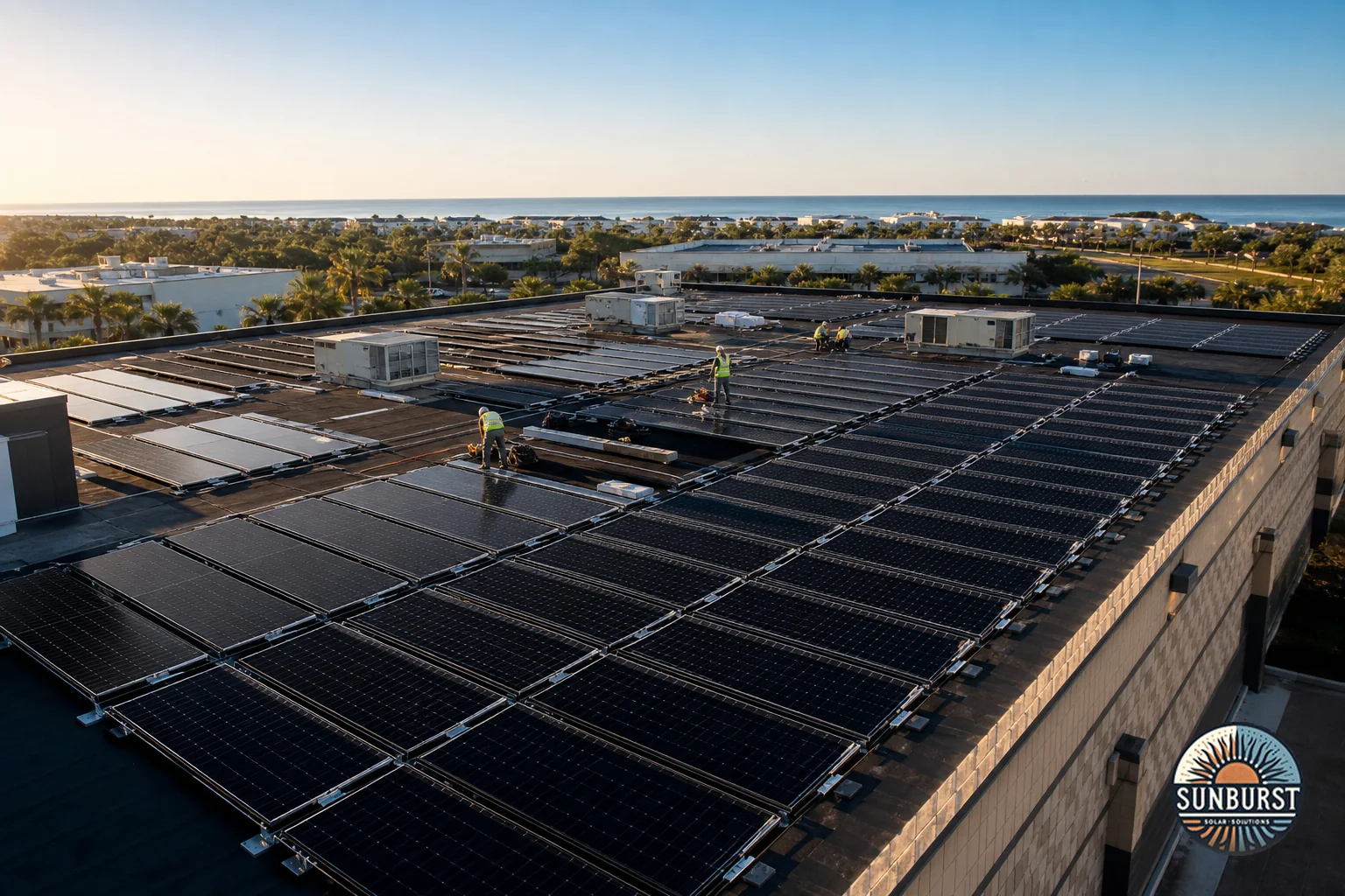 Aerial-style photo of a commercial flat-roof building in a Charleston-area business park with a large rooftop solar array being installed. Photorealistic aerial photograph of a large flat commercial rooftop in a coastal South Carolina