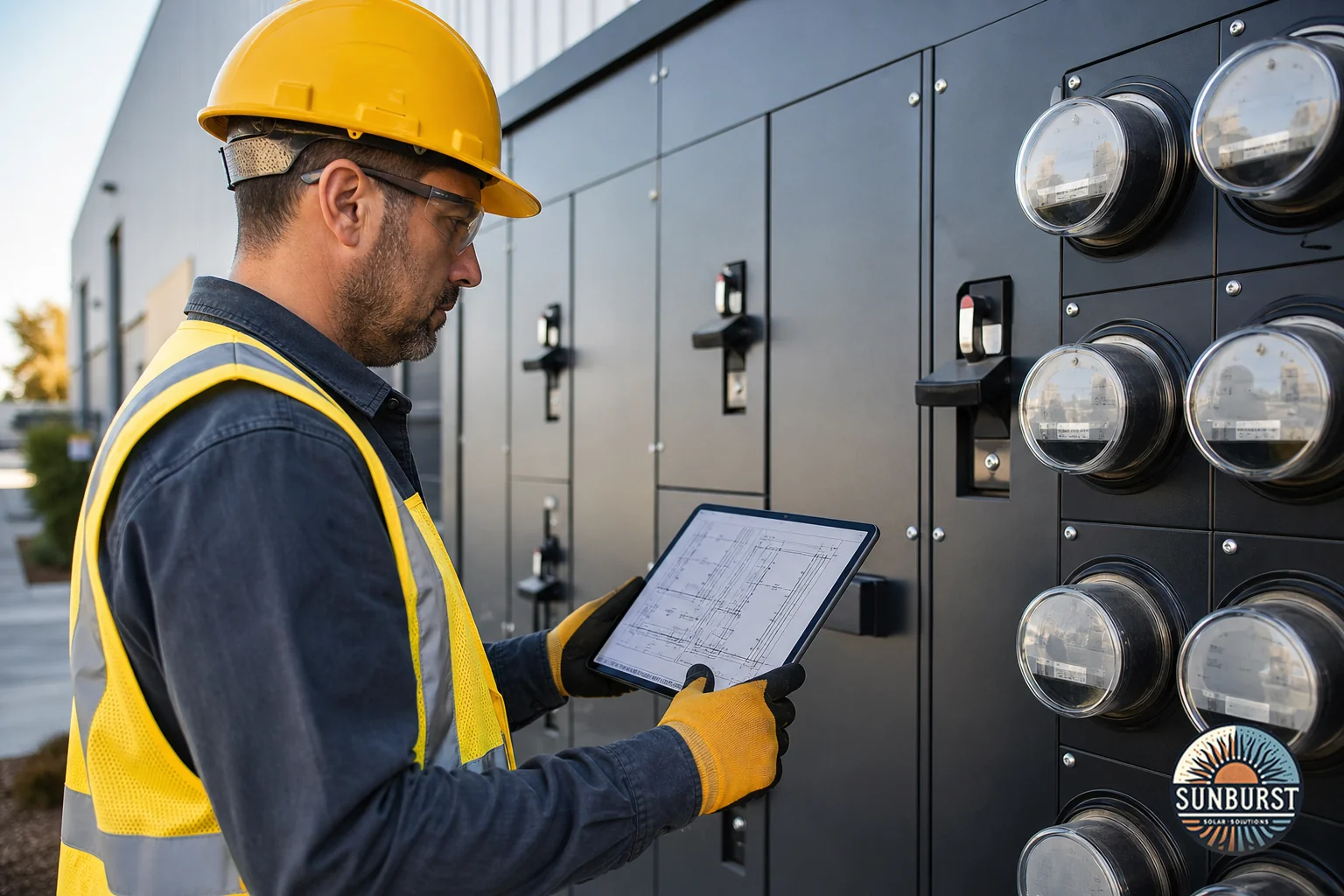 Photo of a solar engineer or electrician reviewing permit and interconnection plans on a tablet in front of a commercial electrical switchgear/utility meter. Photorealistic photograph of a professional electrician in a hard hat and safety