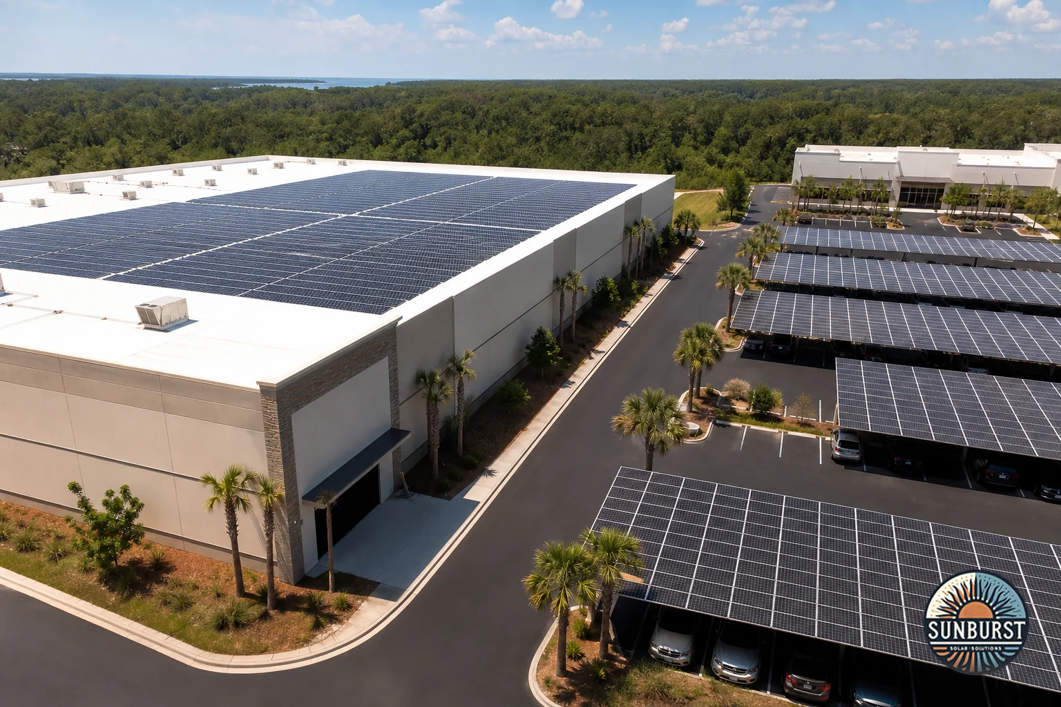 Wide shot showing a warehouse rooftop solar array next to a retail strip center with carport solar canopy over a parking lot. Photorealistic wide-angle photograph split visually between a large warehouse building with a flat rooftop solar