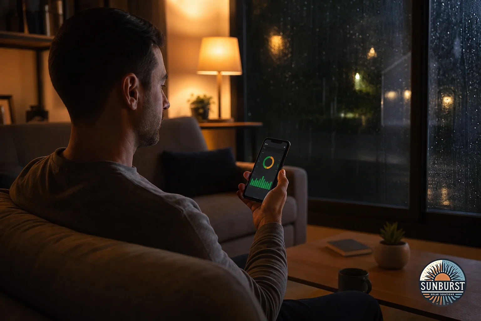 Homeowner checking a solar monitoring app on a phone inside a home during a storm, lit by battery-powered lights. Photorealistic photo of a homeowner sitting in a softly lit living room at night, checking a solar energy monitoring app on a