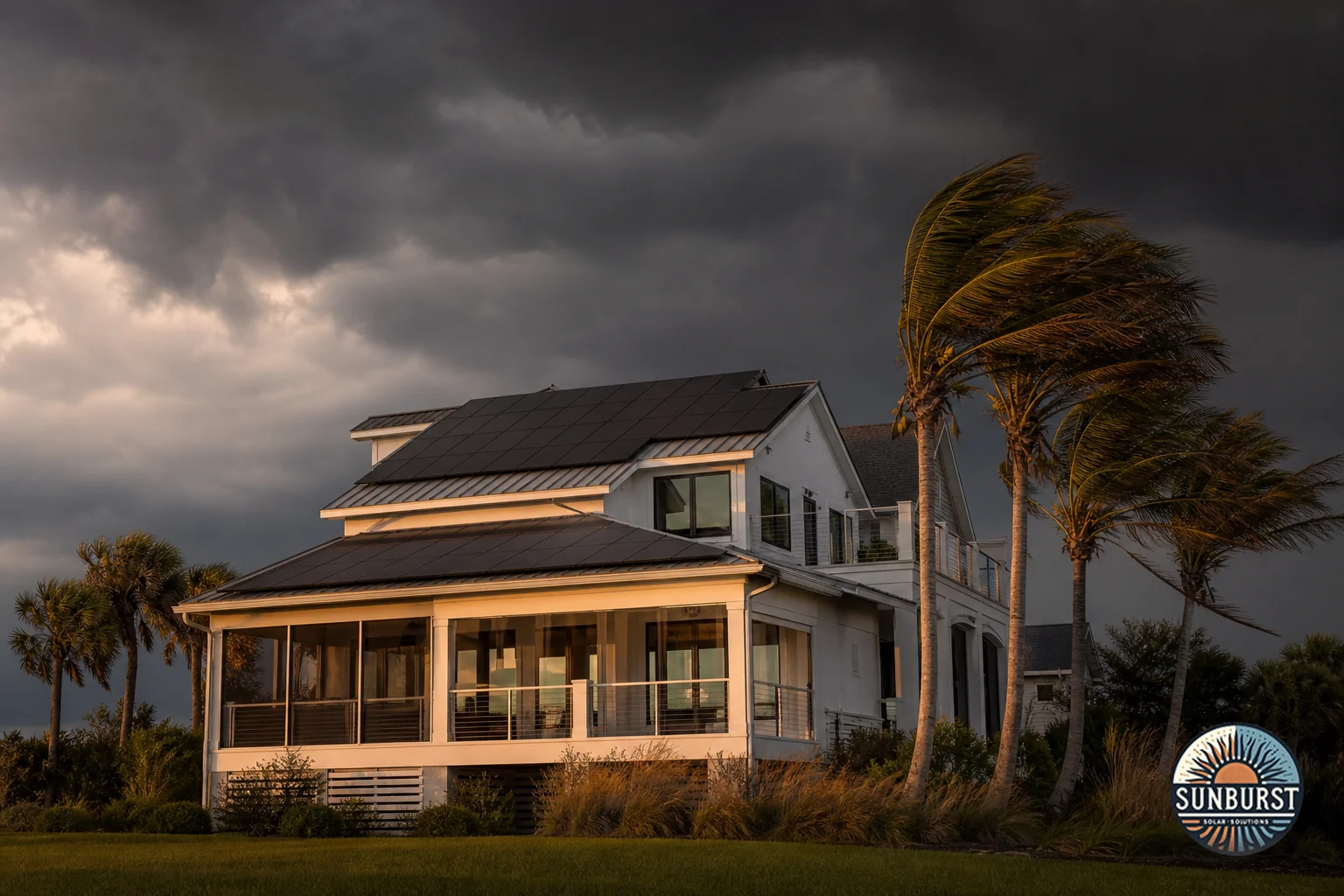 Coastal Myrtle Beach home with rooftop solar panels under a dramatic approaching storm sky. Photorealistic photo of a modern coastal South Carolina home with black-on-black rooftop solar panels, shot from the front yard under a dramatic