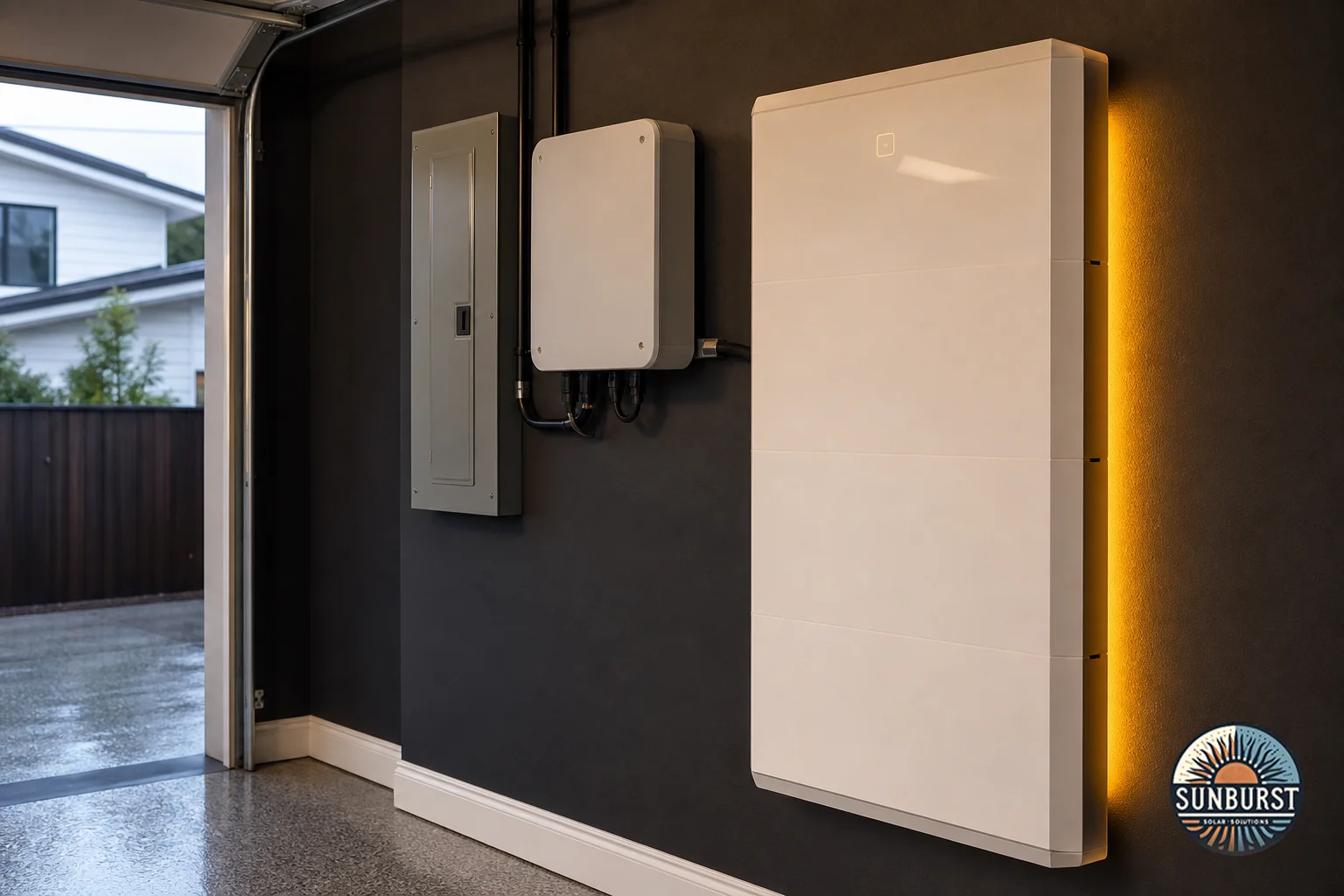 Home battery storage unit mounted in a garage next to an electrical panel. Photorealistic photo of a sleek home battery storage unit mounted on a garage wall beside an electrical panel and inverter, clean modern residential garage setting