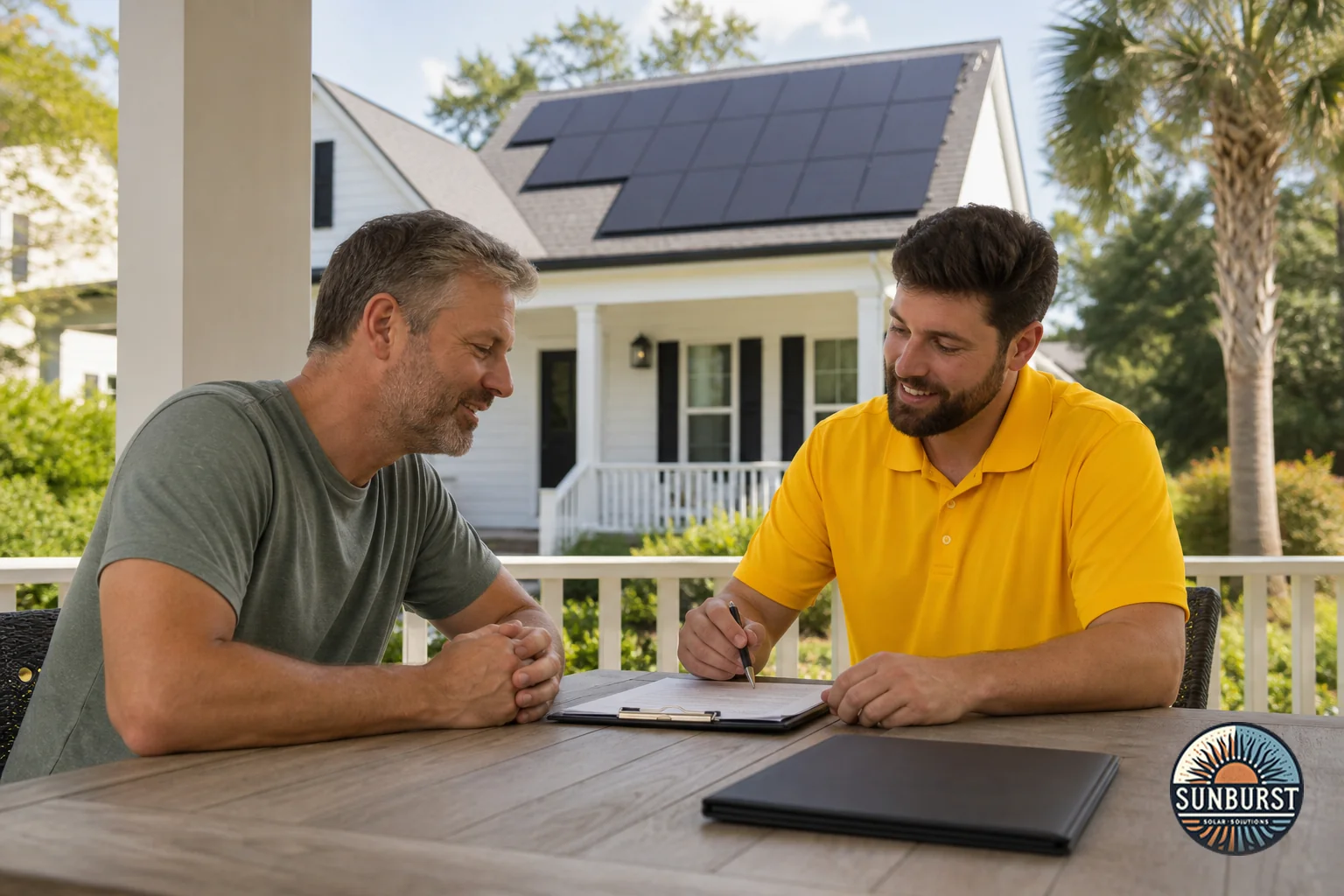 Charleston homeowner reviewing solar contract paperwork with an installer on a porch, historic Charleston-style home with rooftop solar panels visible. Photorealistic photo of a homeowner and a solar technician sitting at an outdoor table