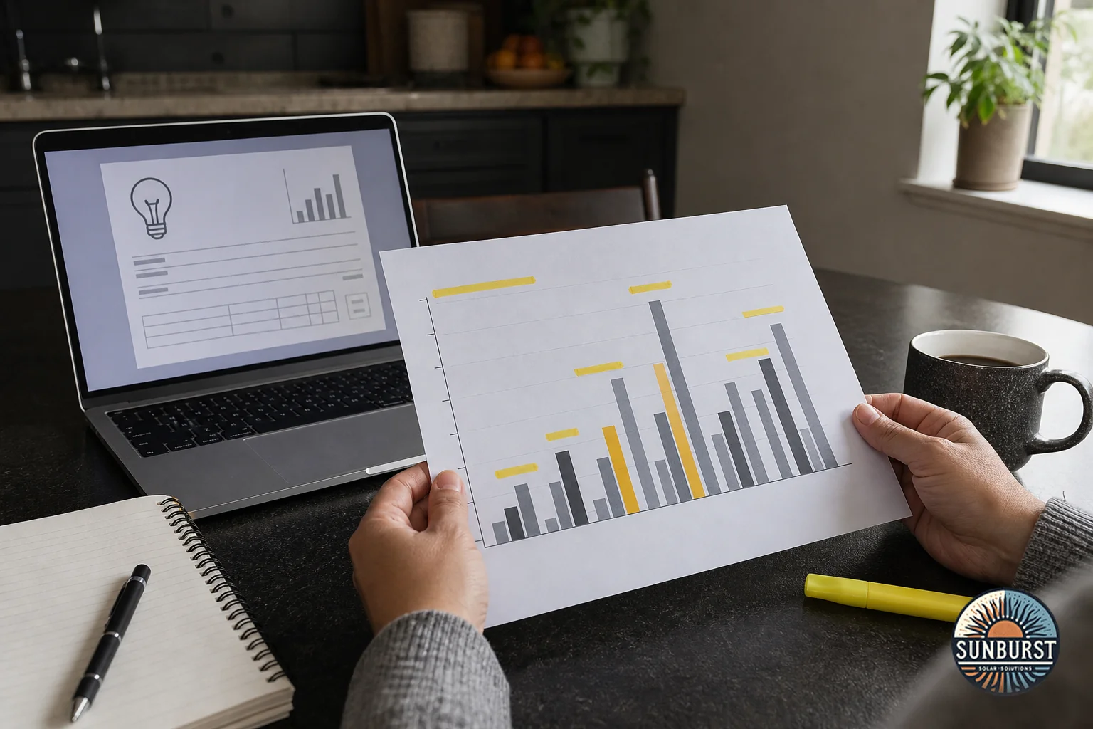 Close-up of a homeowner reviewing a printed savings chart next to a laptop showing an electric bill comparison. Photorealistic photo of a homeowner's hands holding a printed bar chart comparing monthly costs, laptop open nearby showing a