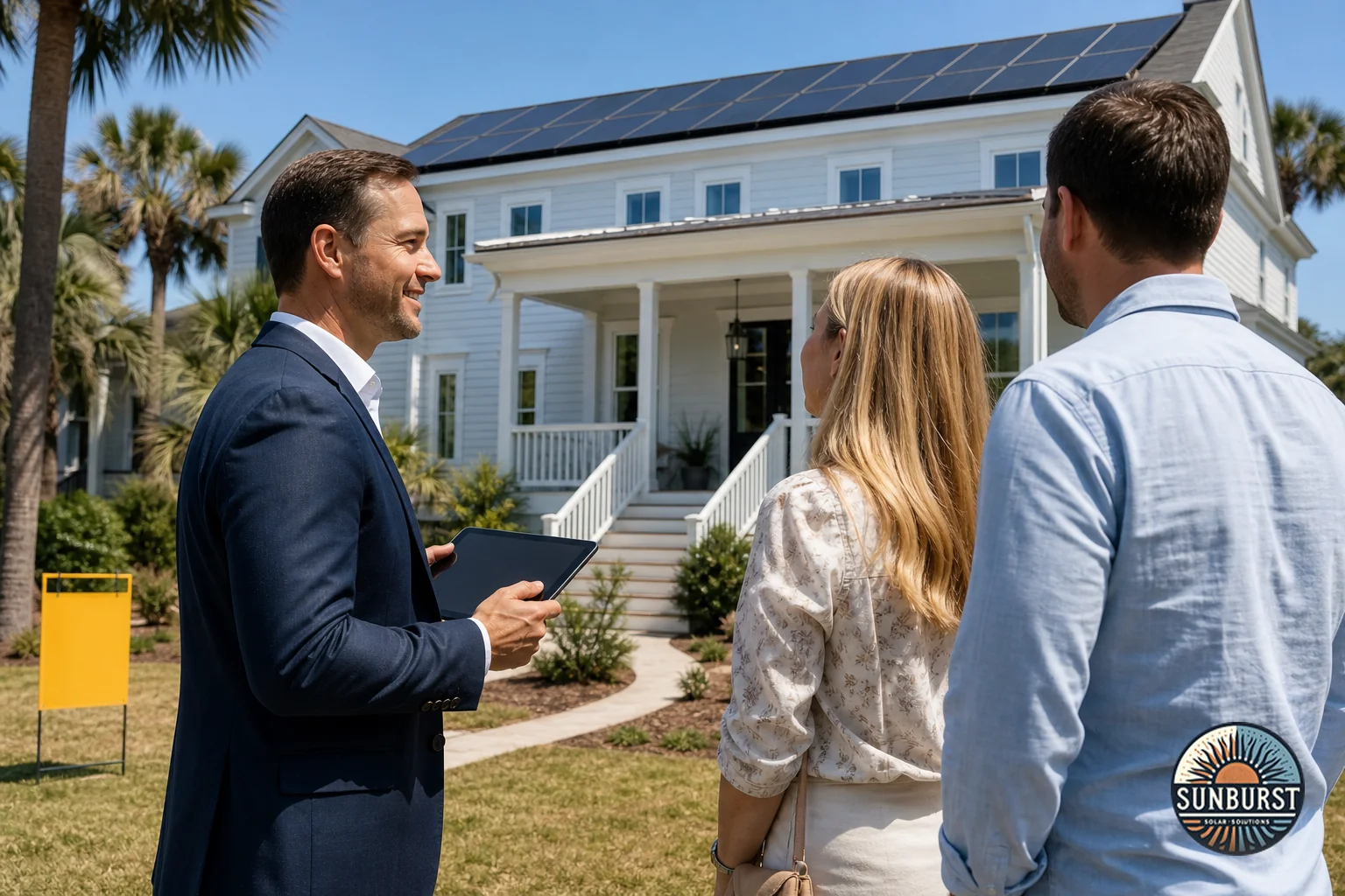 Real estate agent and homeowners standing in front of a Charleston home with solar panels during a for-sale walkthrough. Photorealistic photo of a real estate agent holding a tablet while showing a Charleston single-family home with visible