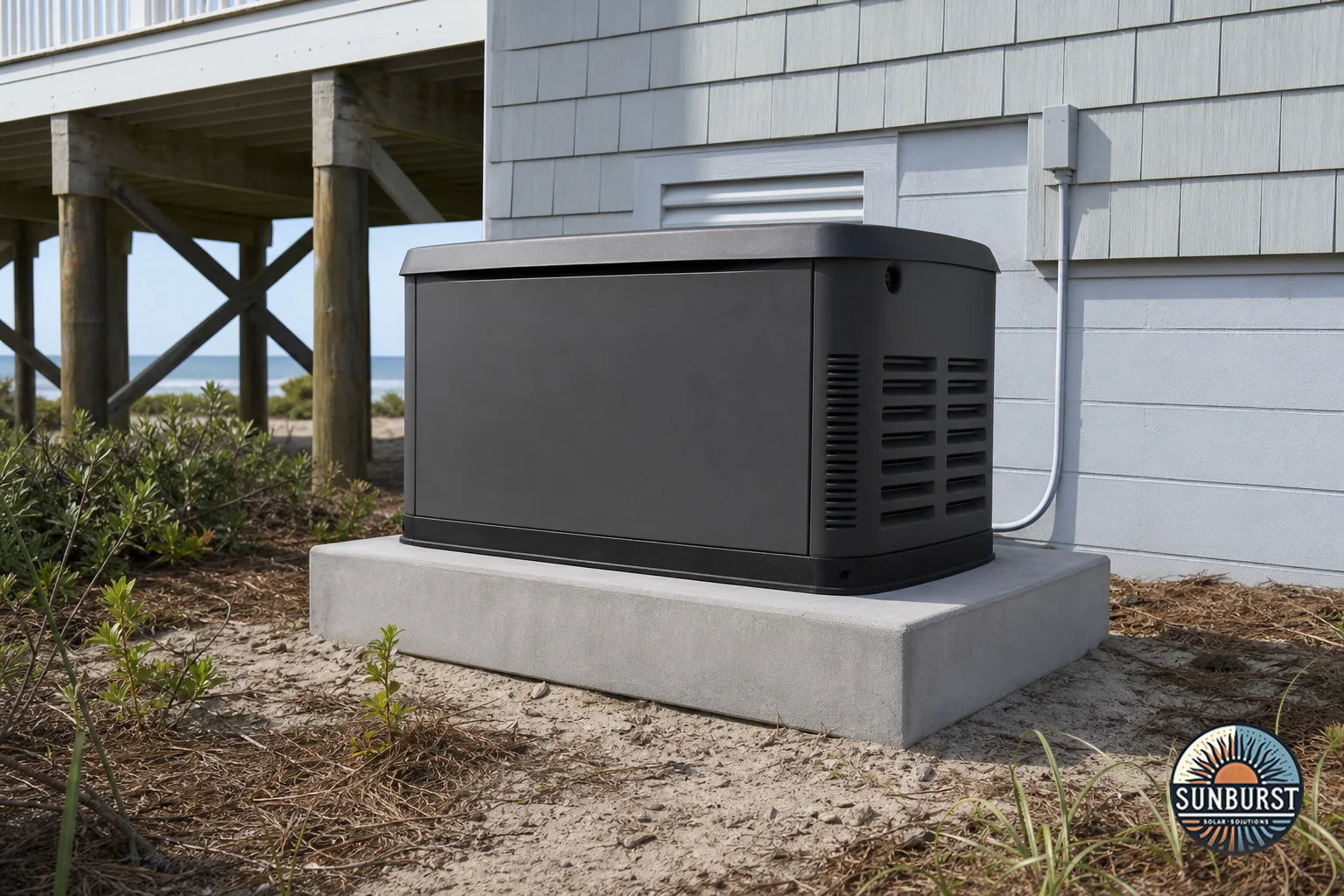 Close-up of a generator installed on an elevated concrete pad near a raised coastal house, showing proper clearance and setback. Photorealistic close-up photo of a residential standby generator mounted on a raised concrete pad next to an
