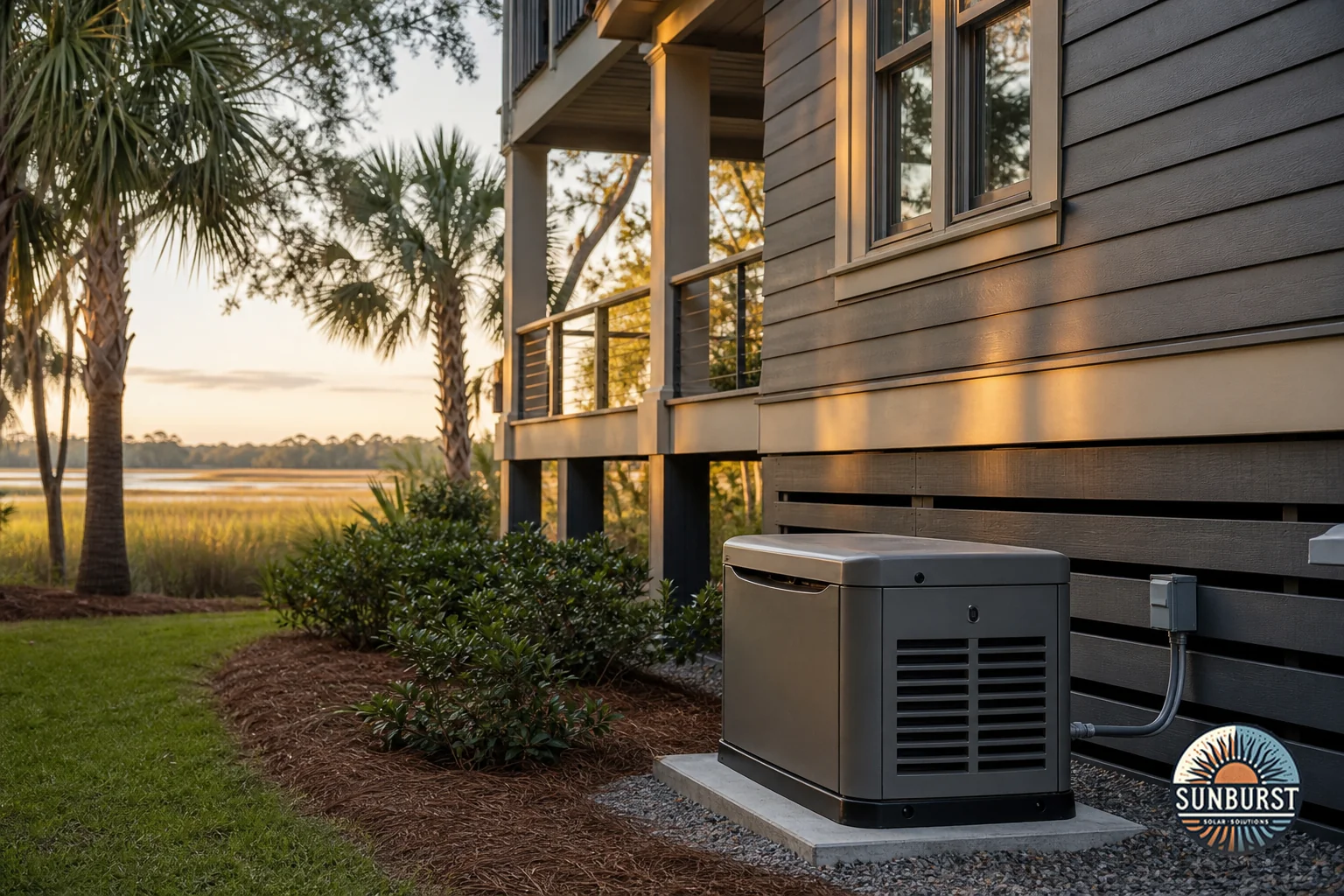 Hero image showing a coastal South Carolina home with an outdoor standby generator unit installed beside the house. Photorealistic photo of a elevated coastal home on Hilton Head Island, South Carolina, with a gray whole-home standby