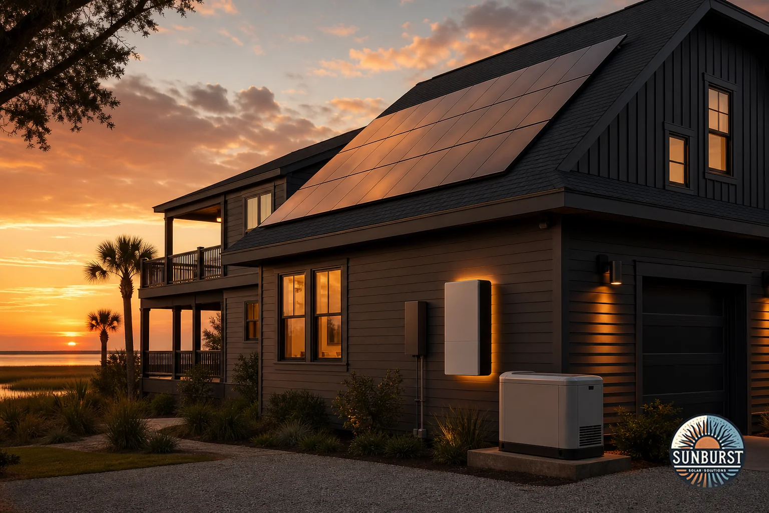 Rooftop solar panels alongside an outdoor home battery storage unit and generator, showing a hybrid backup power setup. Photorealistic photo of a modern coastal South Carolina home with black-on-black rooftop solar panels, a wall-mounted