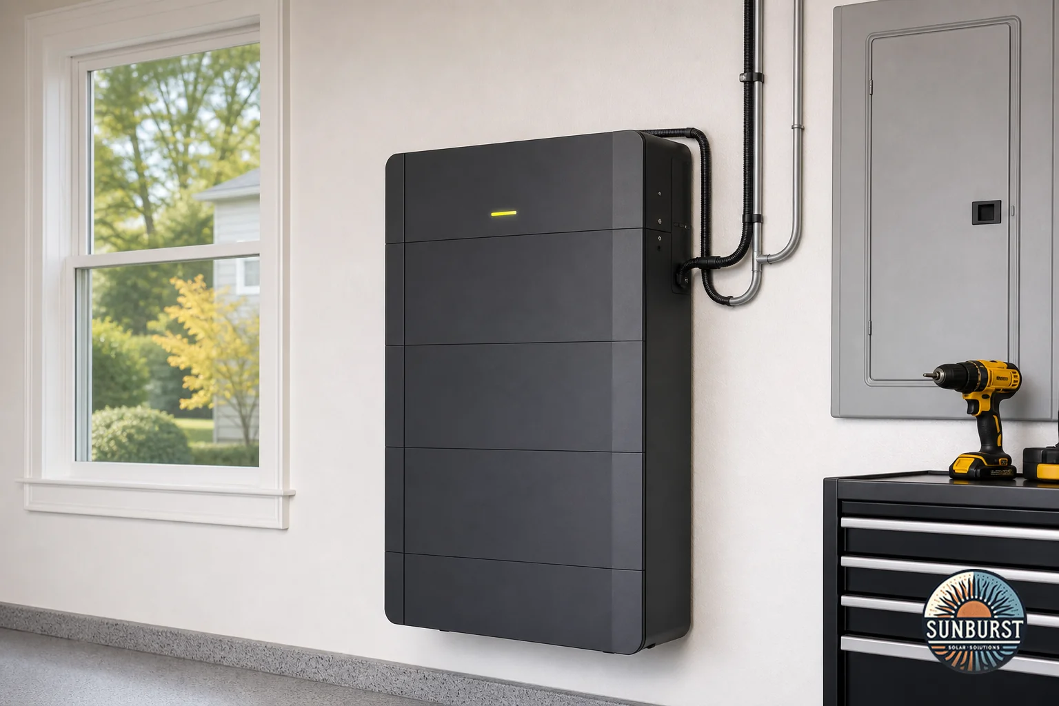 Close-up of a residential lithium battery storage unit mounted in a garage, showing size and scale relevant to capacity discussion. Photorealistic close-up photograph of a residential lithium iron phosphate battery storage unit mounted on a