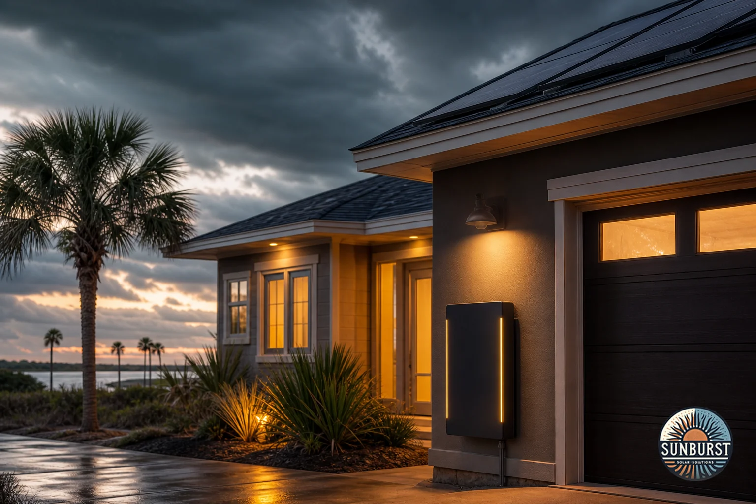 A modern South Carolina home exterior at dusk with a wall-mounted battery storage unit visible near the garage, warm porch lights on, conveying reliable backup power during storm season. Photorealistic photo of a modern single-family home