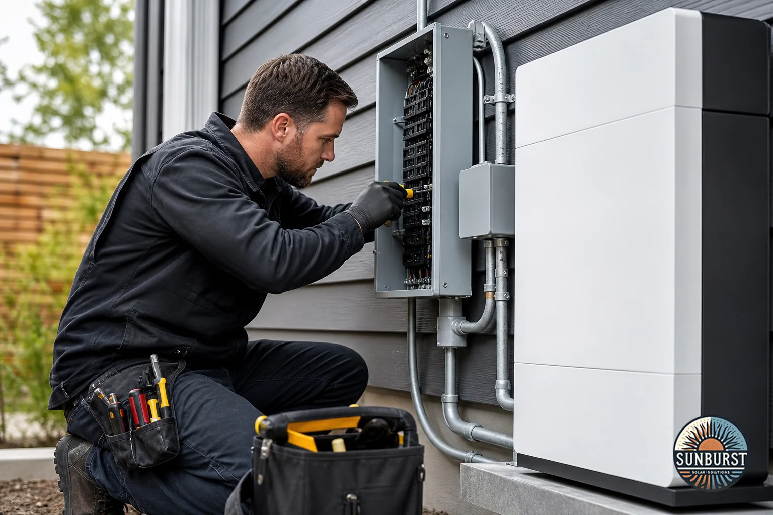 A certified electrician/solar installer working on wiring near a home electrical panel and battery unit, showing installation complexity. Photorealistic photograph of a certified electrician in work uniform installing wiring and a backup