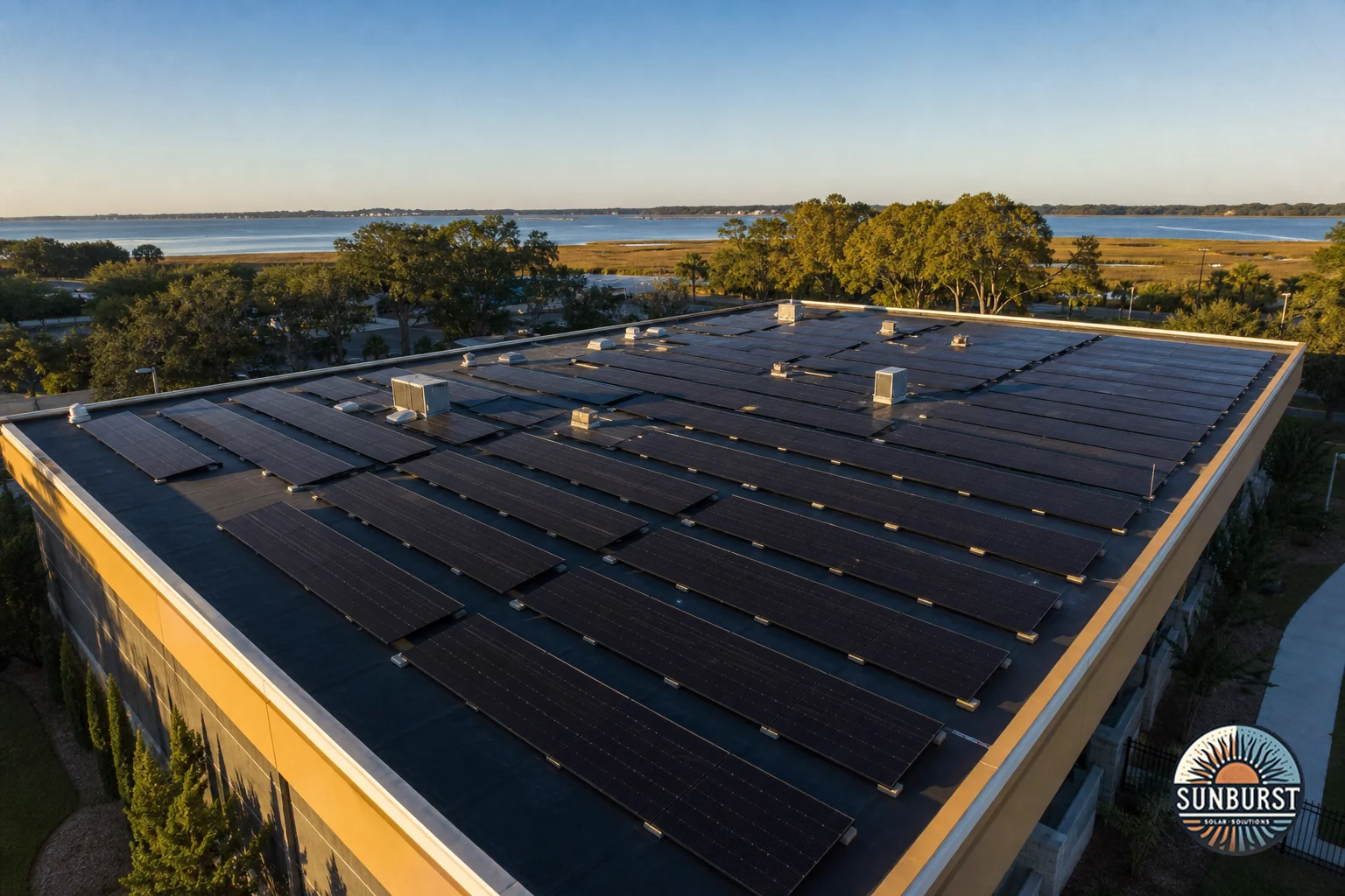 Commercial rooftop solar array on a flat-roofed business building in South Carolina. Photorealistic aerial photo of a large flat commercial rooftop covered in neat rows of black-on-black solar panels, mounted on a low-slope TPO roof of a