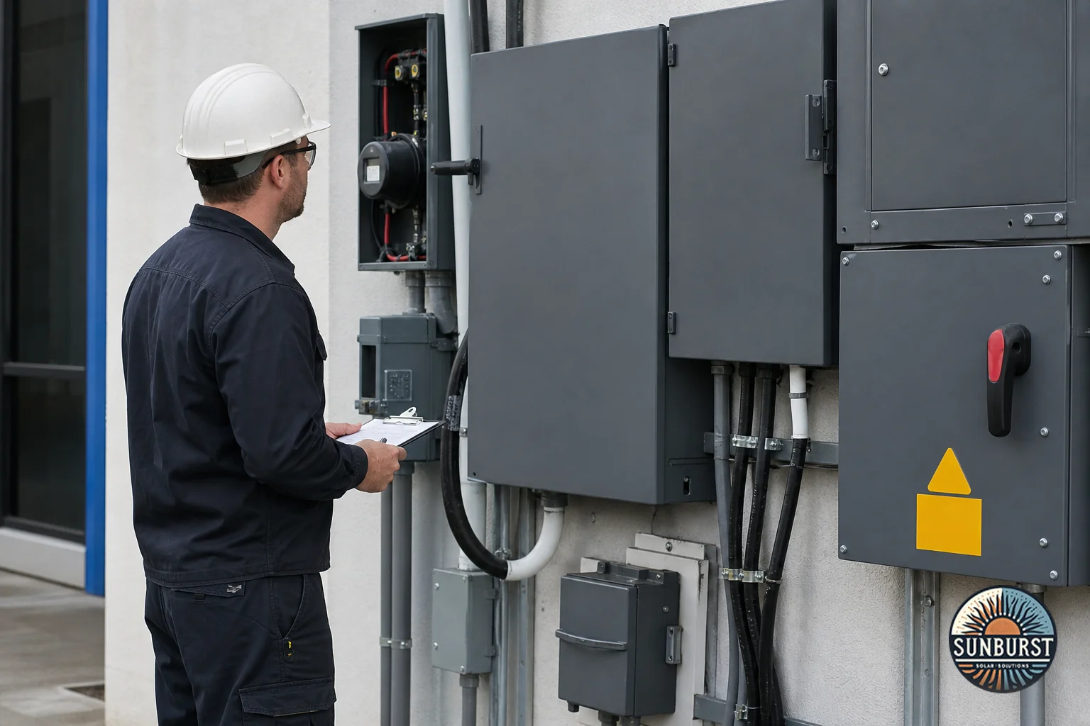 Electrician or engineer reviewing commercial solar electrical panel and interconnection equipment. Photorealistic photograph of a commercial electrician in dark work uniform inspecting a large gray electrical switchgear panel and solar