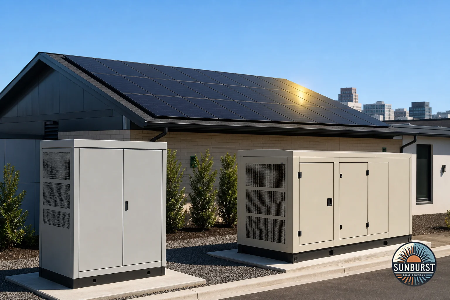 Commercial rooftop solar array with battery storage unit and standby generator side by side behind a business. Photorealistic photo of a commercial building rooftop in Columbia, South Carolina fitted with black solar panels, next to a