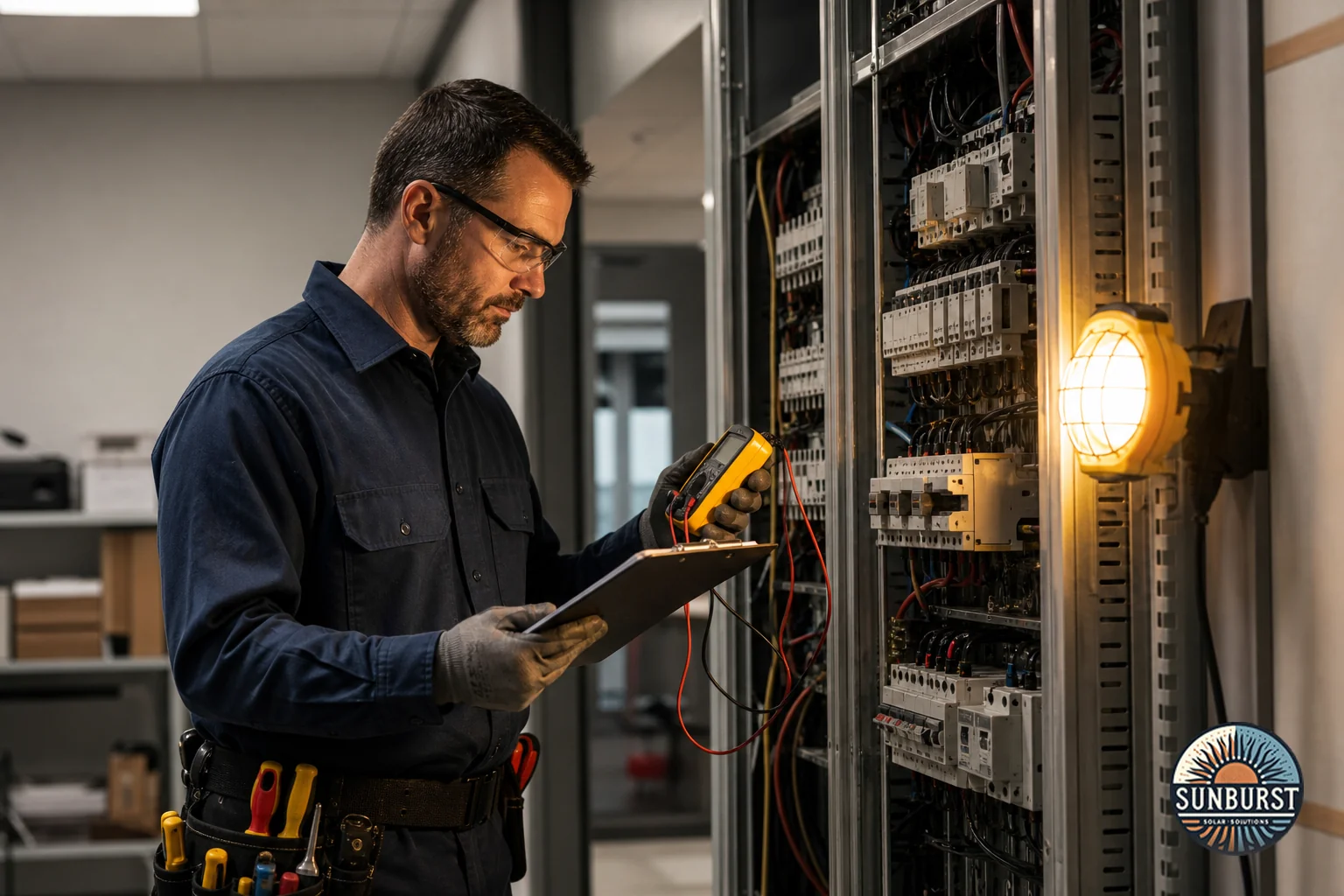 Electrician performing a commercial load assessment at a business electrical panel. Photorealistic photo of a professional electrician in work uniform inspecting a commercial electrical panel inside a small business back office, using a