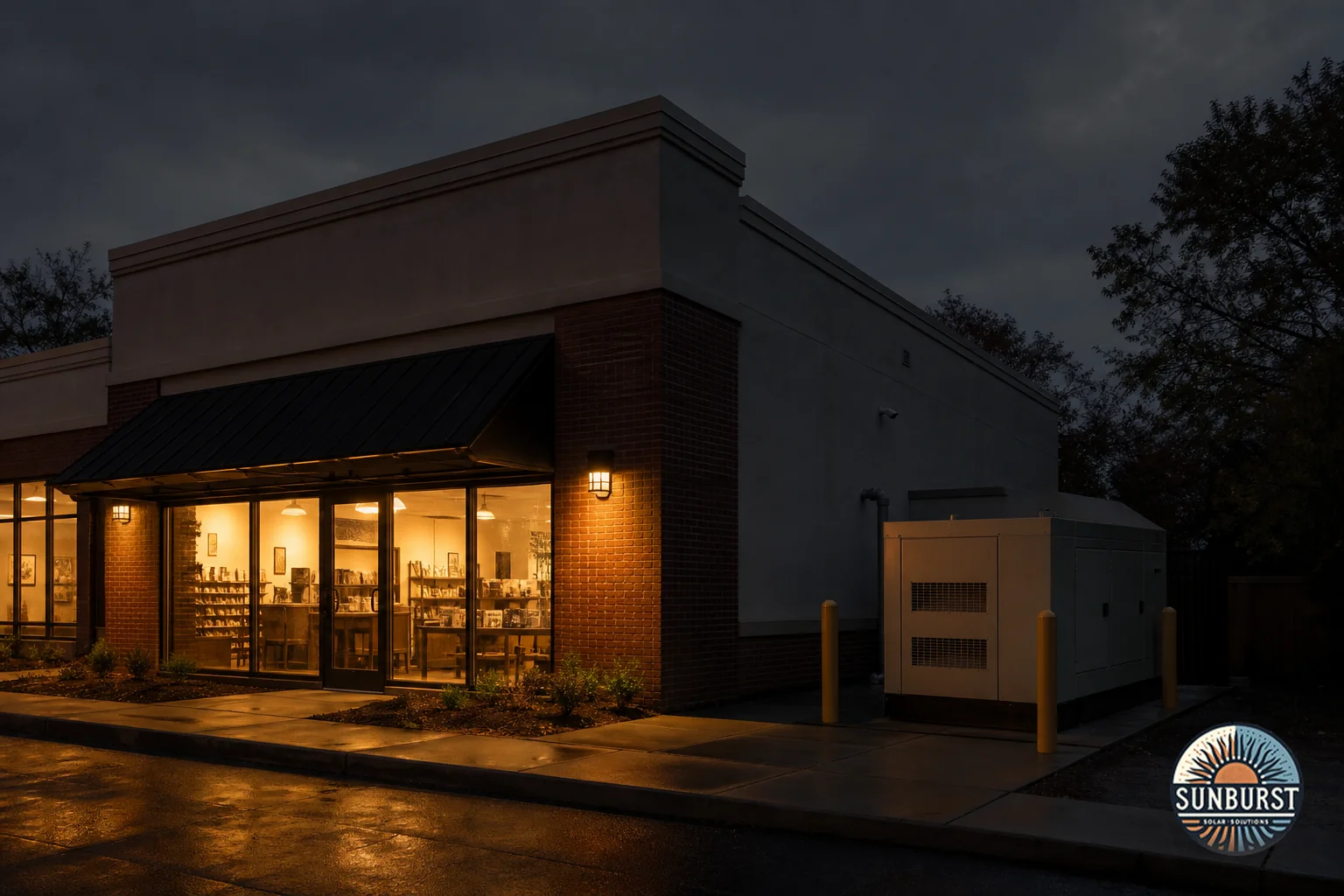 Small business storefront in Columbia SC during a power outage with backup generator running outside. Photorealistic photo of a small retail storefront in Columbia, South Carolina at dusk during a power outage, warm interior lights glowing
