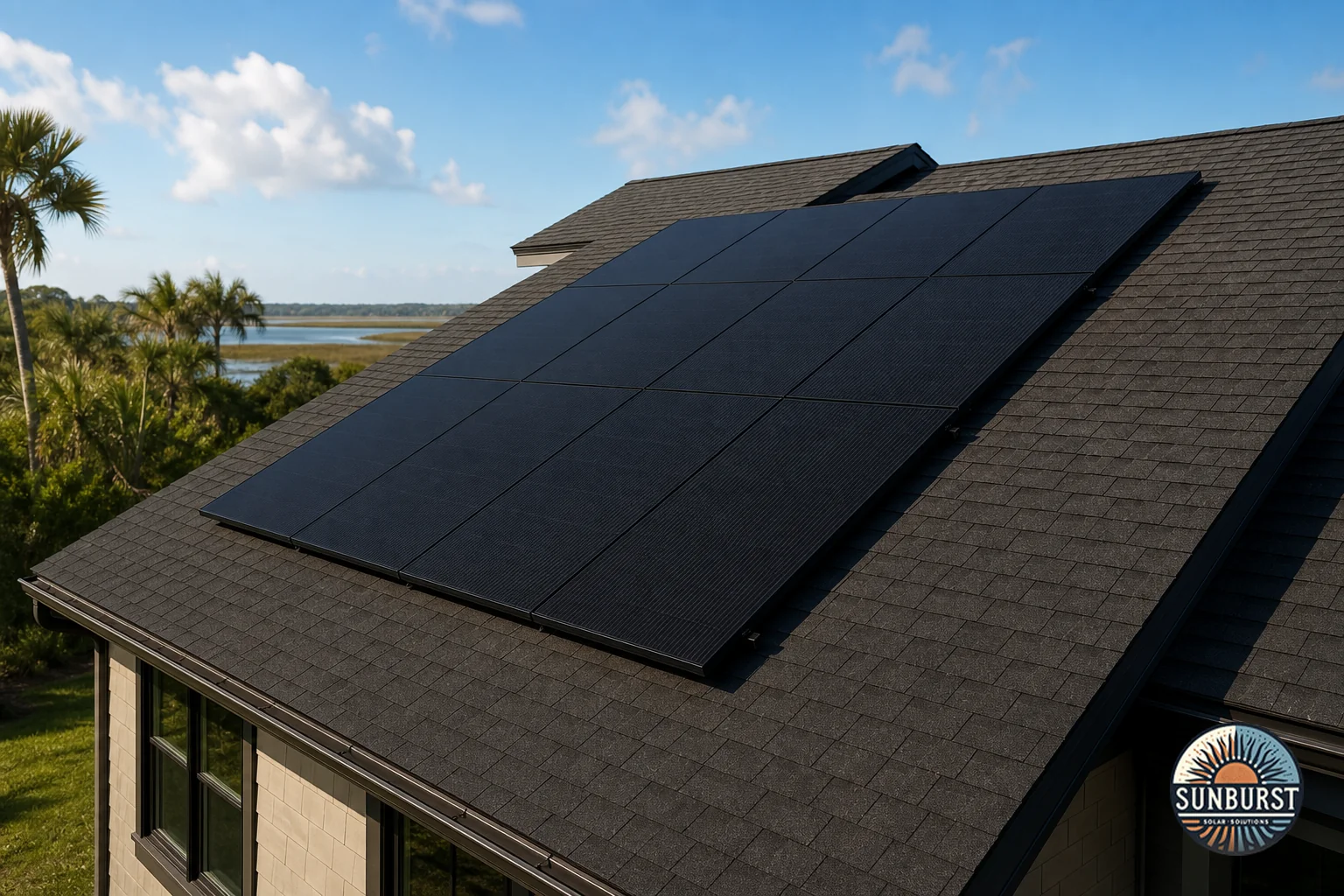 Close-up of solar panels on a Charleston-style roof with monitoring sensors. Photorealistic close-up photo of black-on-black solar panels installed on a residential asphalt shingle roof under a bright blue sky with a few clouds, subtle