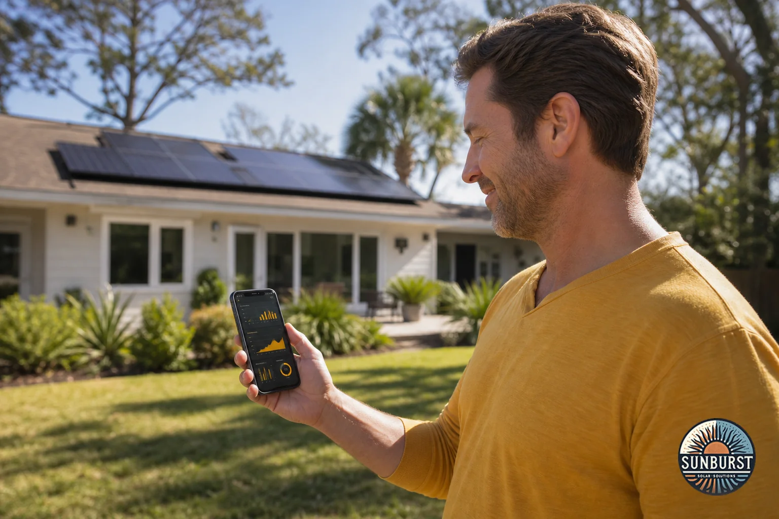 Charleston homeowner checking a solar monitoring app on a phone with rooftop panels visible. Photorealistic photo of a homeowner standing in a sunny backyard in Charleston, South Carolina, holding a smartphone displaying a solar energy