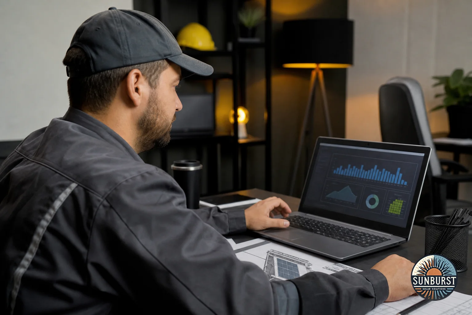 Technician remotely reviewing solar system performance data on a laptop. Photorealistic photo of a solar technician in work apparel sitting at a desk in an office, looking at a laptop screen showing a solar performance dashboard with