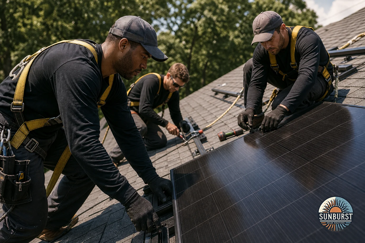 Close-up of a roofing and solar crew working together on a Columbia SC home. Photorealistic close-up photo of a professional roofing and solar installation crew working together on a residential rooftop in Columbia, South Carolina