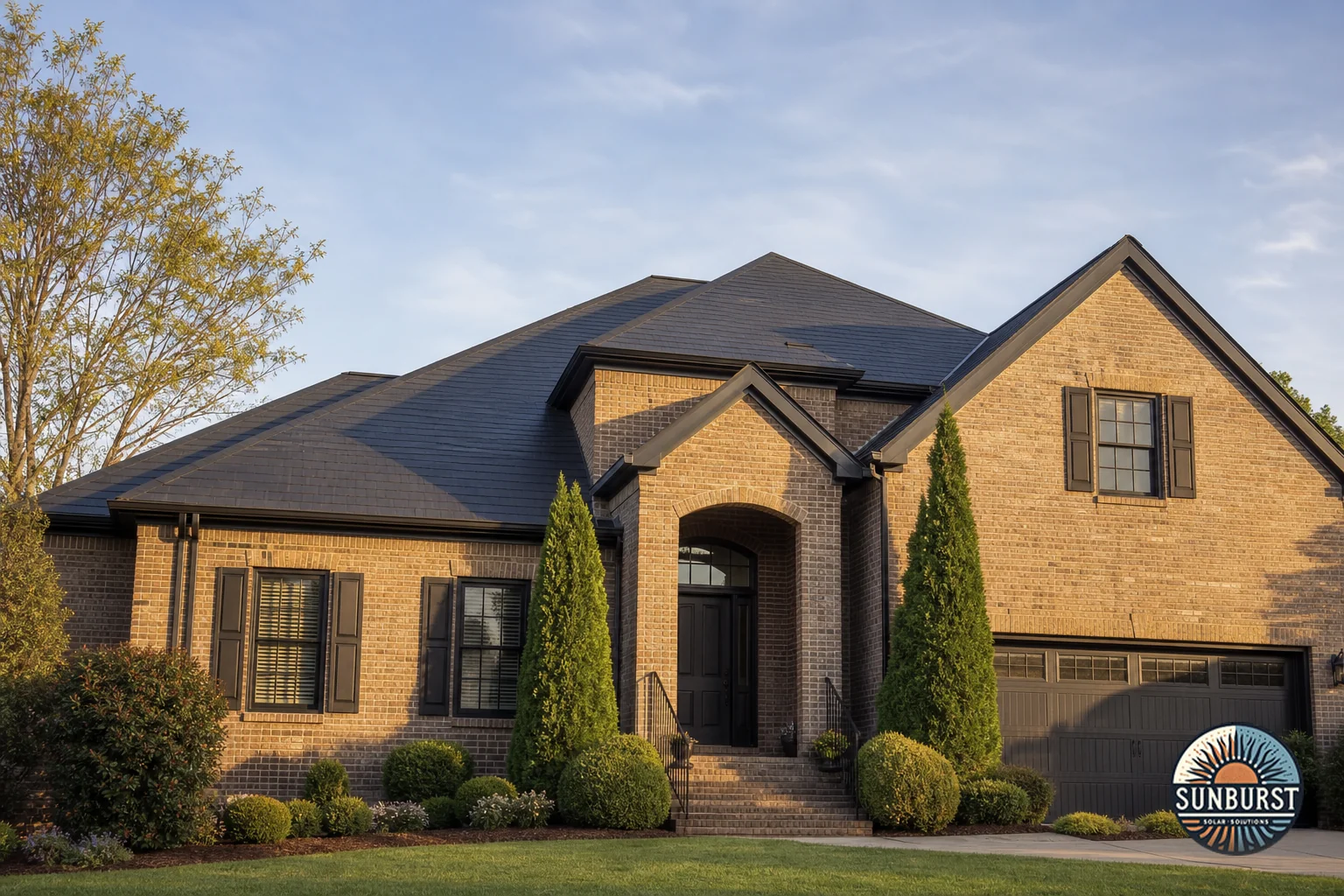 Elegant home exterior showing HOA-friendly solar roofing aesthetics in a Columbia SC neighborhood. Photorealistic exterior photo of an upscale suburban home in Columbia, South Carolina with a low-profile solar shingle roof that looks like a