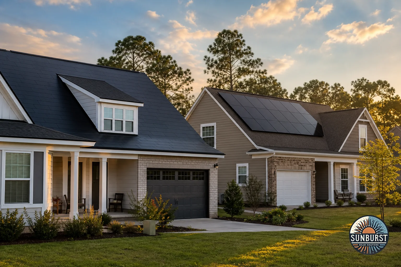 Columbia, SC home with sleek integrated solar roofing shingles versus a home with traditional panels. Photorealistic split-composition photo of two neighboring suburban South Carolina homes at golden hour: on the left, a roof covered in