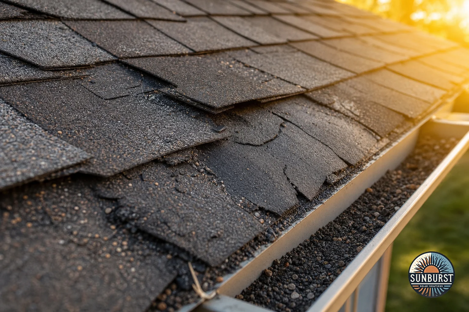 Close-up of worn, curling asphalt shingles showing signs of aging and granule loss. Photorealistic close-up photograph of an aging asphalt shingle roof surface showing curling edges, cracked shingles, and visible granule loss pooling near a