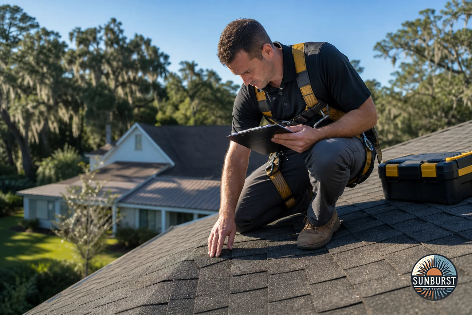 A residential roof inspector examining shingles before solar installation, South Carolina home in background. Photorealistic photo of a professional roof inspector kneeling on a residential asphalt shingle roof, closely examining shingle