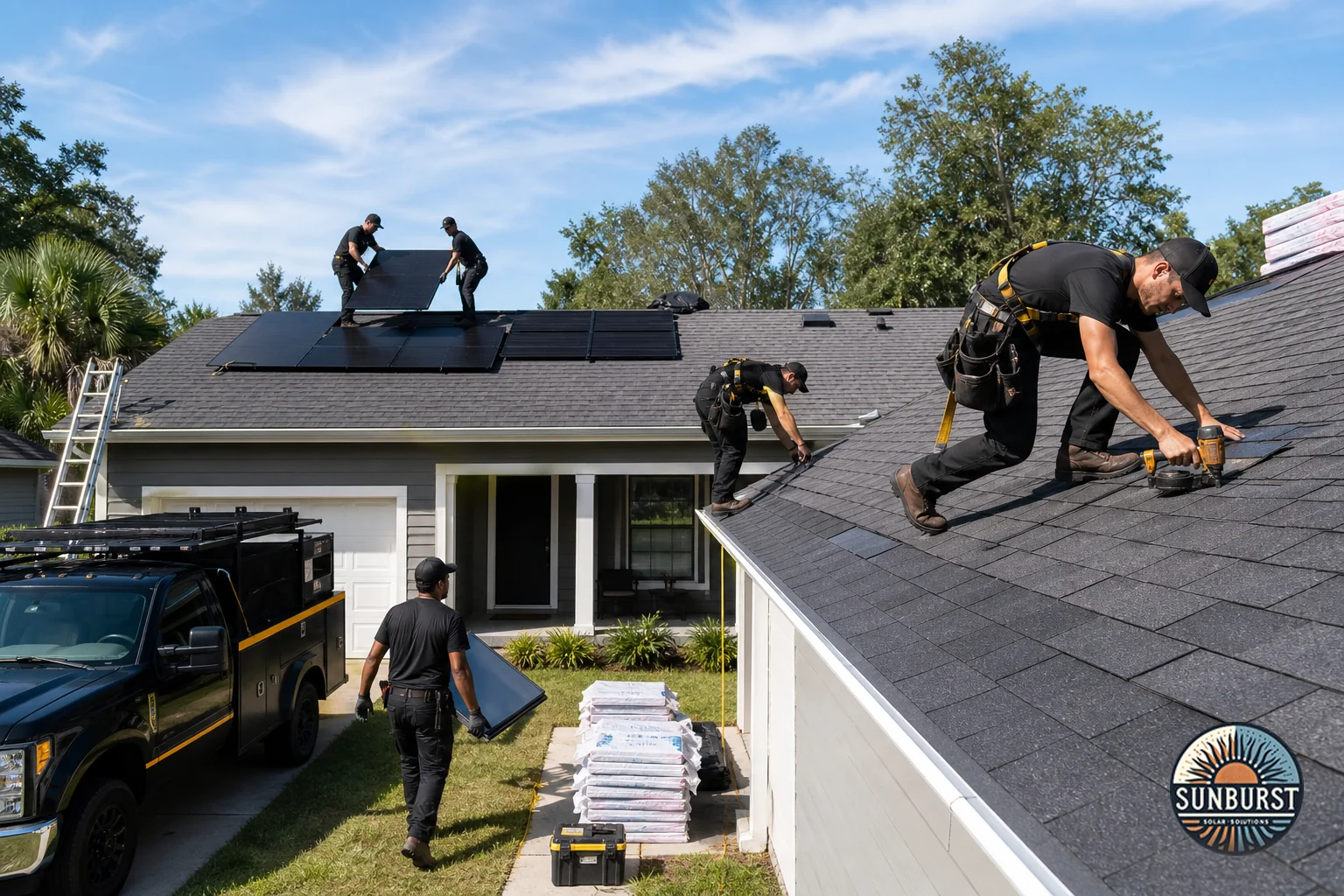 Photorealistic photo of two crews collaborating on a single-story South Carolina home: roofers securing new architectural shingles on one section of the roof while solar technicians in the background prepare black-on-black solar panels for