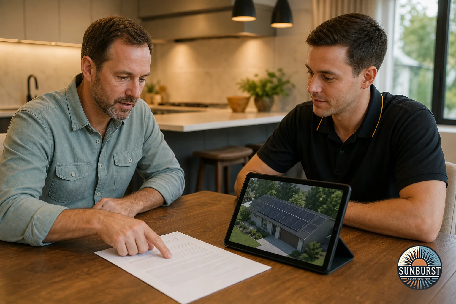 A homeowner reviewing a solar contract document at a kitchen table with a local installer representative, emphasizing transparency and informed decision-making. Photorealistic photo of a homeowner and a local solar company representative