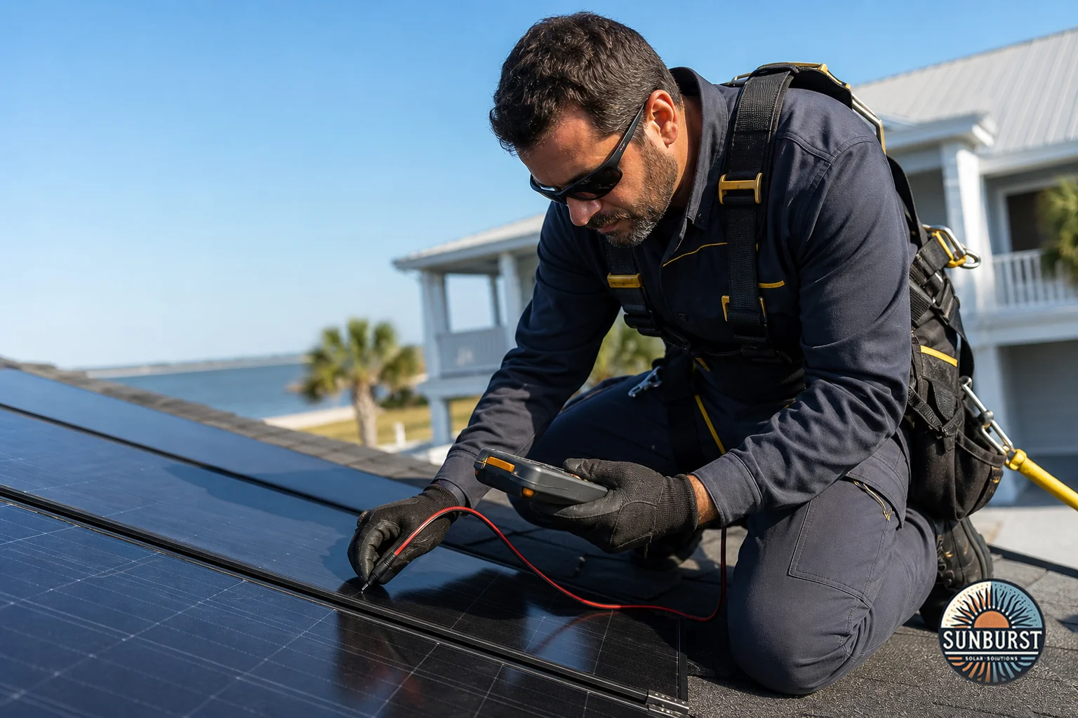 A local solar technician performing maintenance or inspection on a rooftop solar panel system, representing long-term service reliability. Photorealistic photo of a professional solar technician on a residential rooftop in coastal South