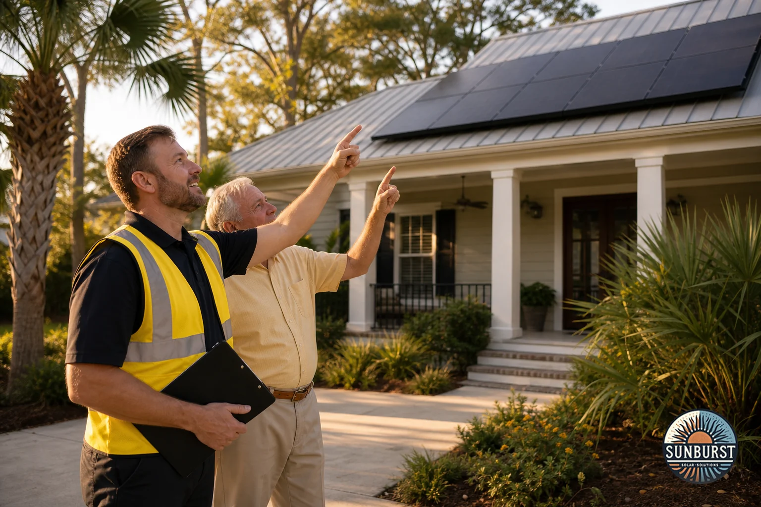 A local Charleston-area solar technician consulting with a homeowner in front of a historic-style Charleston home with solar panels on the roof. Photorealistic photo of a solar installation professional in a branded dark work polo and