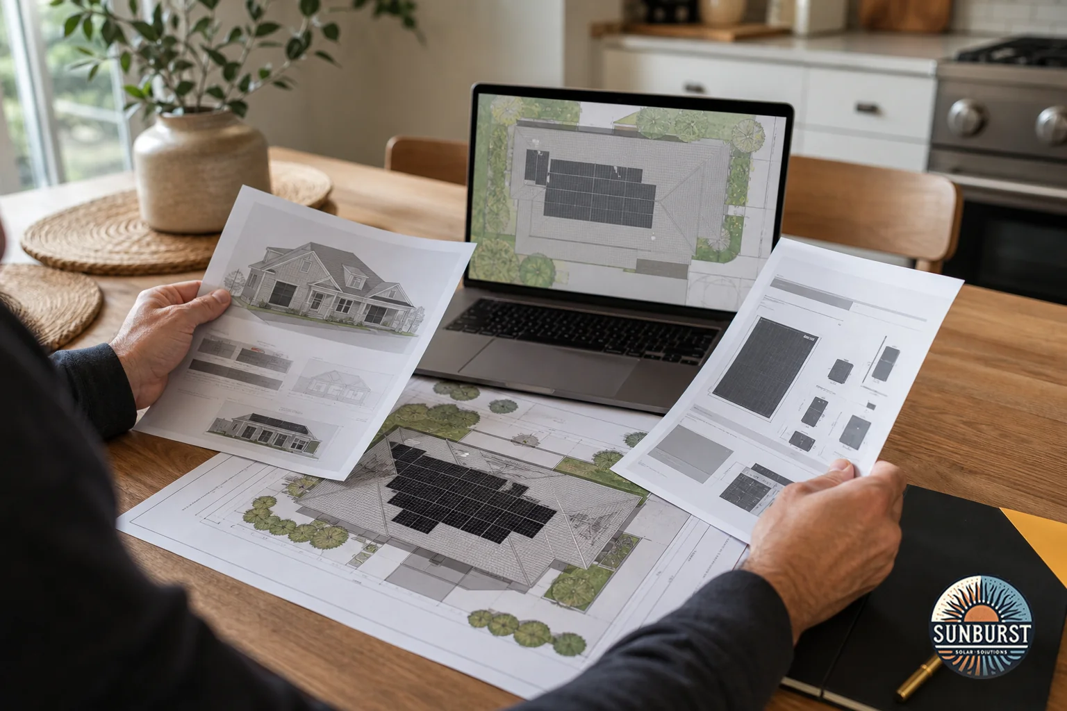 Close-up of a homeowner reviewing printed HOA architectural review documents and a solar site plan at a kitchen table, with a laptop showing solar panel layout. Photorealistic photograph of a homeowner's hands reviewing printed