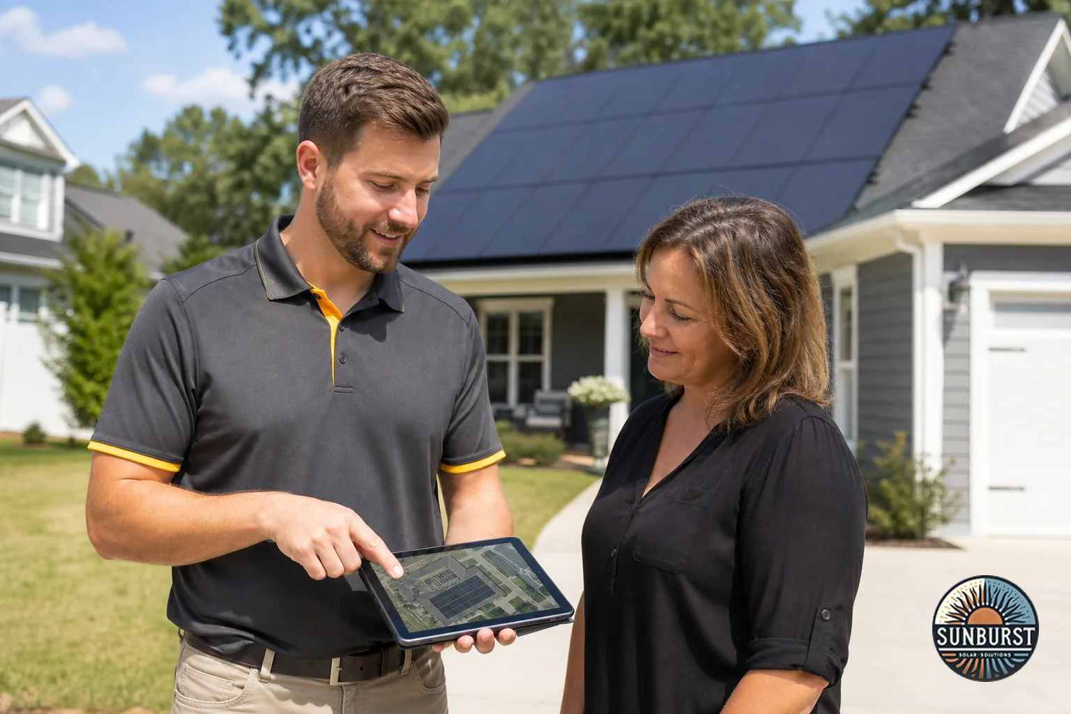 Photorealistic photograph of a professional solar consultant in a branded polo shirt standing on a homeowner's driveway in a South Carolina suburban neighborhood, pointing to a tablet showing a solar installation plan while the homeowner