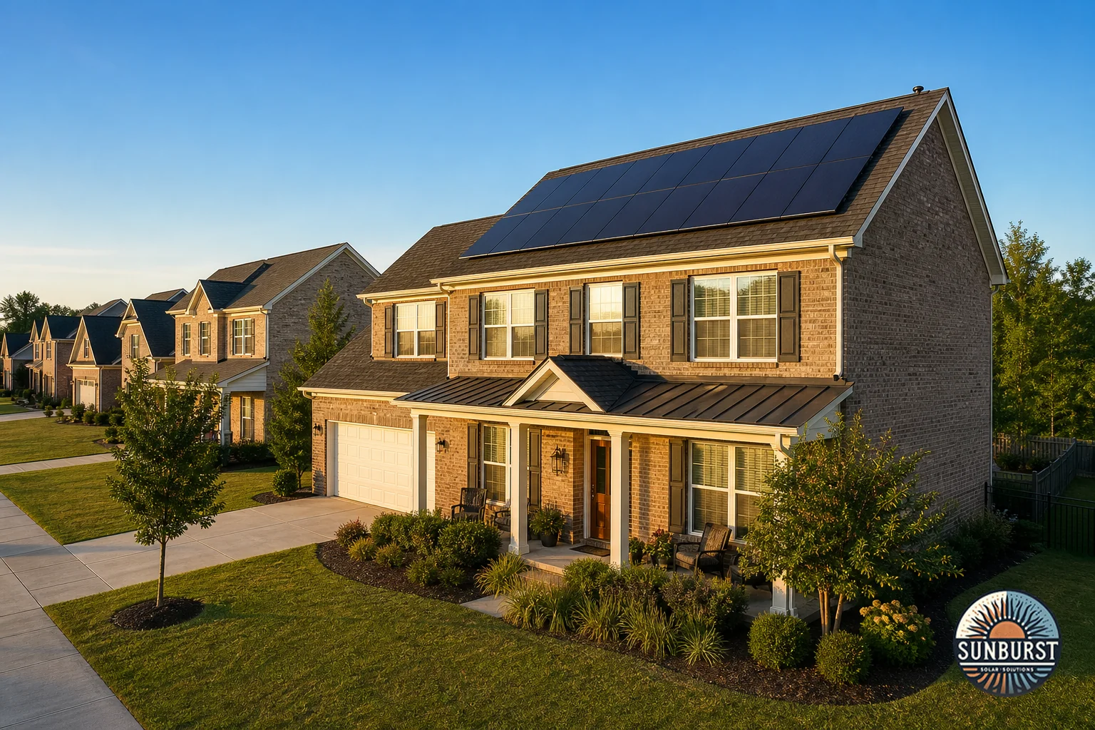 A Columbia, SC style suburban home with a well-manicured lawn, HOA-style neighborhood, and black-on-black solar panels installed on the roof, conveying approved and integrated solar in a residential community. Photorealistic photograph of a