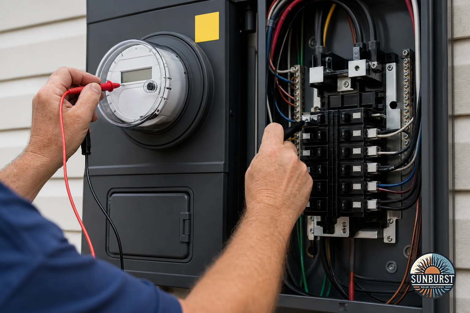 Close-up of electrical panel and utility meter being inspected for solar interconnection. Photorealistic close-up photo of an electrician's hands inspecting a home's electrical panel and utility meter during a solar interconnection check