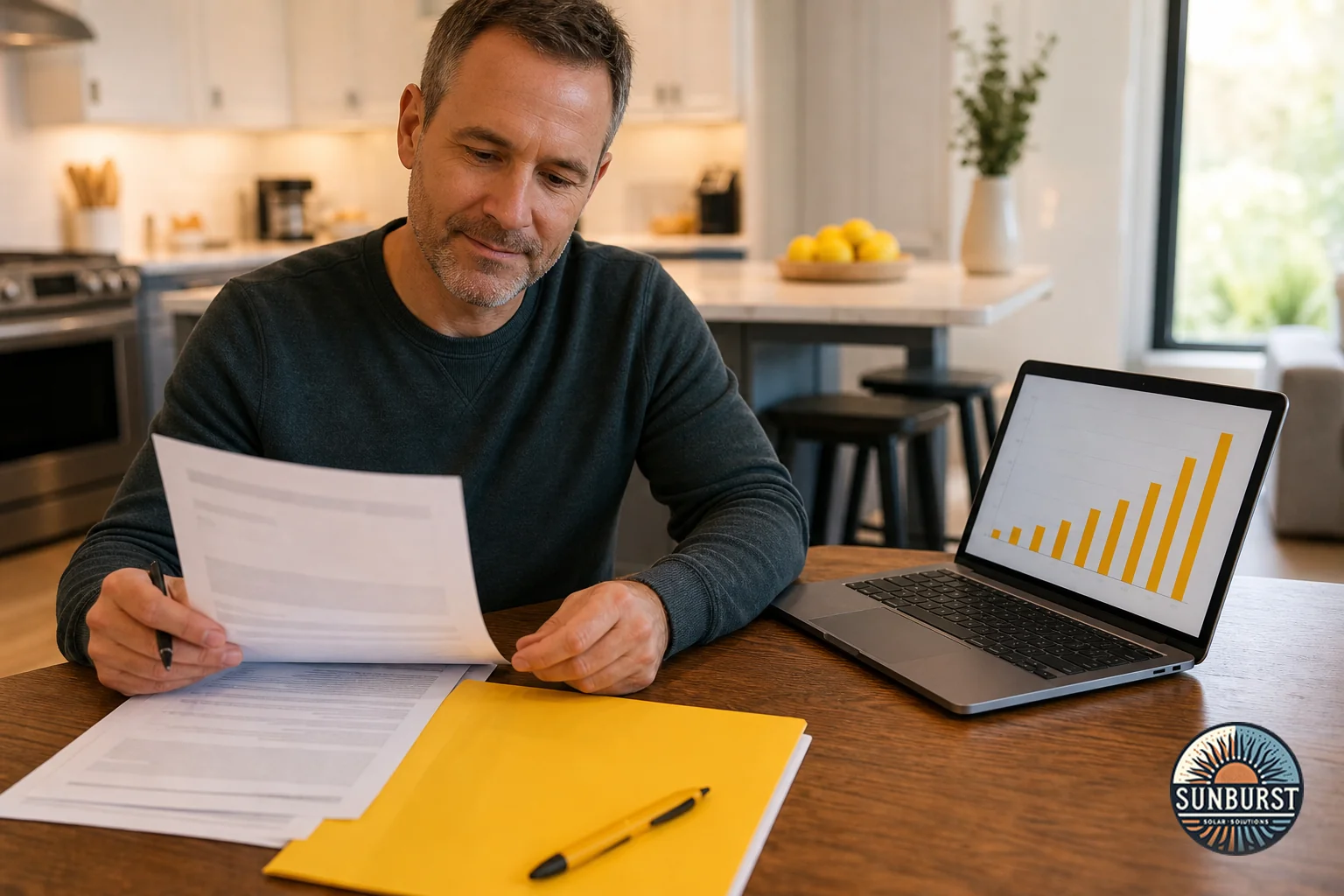 Homeowner reviewing solar cost and tax credit paperwork at kitchen table. Photorealistic photo of a homeowner sitting at a kitchen table reviewing a solar quote and tax documents, laptop open showing a simple bar chart, warm indoor