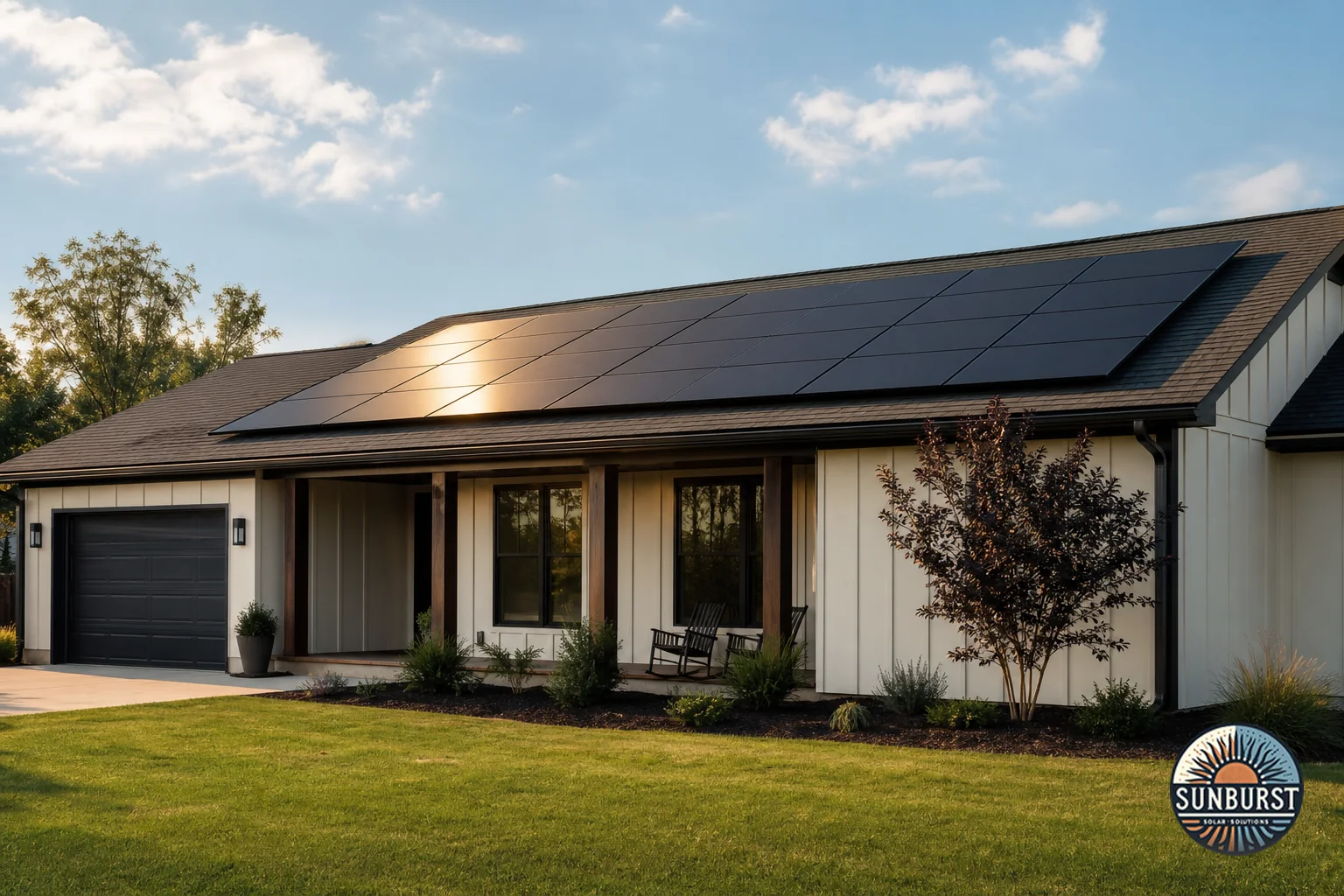 South Carolina home with newly installed black-on-black solar panels, sunny day. Photorealistic photo of a modern one-story South Carolina suburban home with black-on-black solar panels neatly installed on an asphalt shingle roof, bright