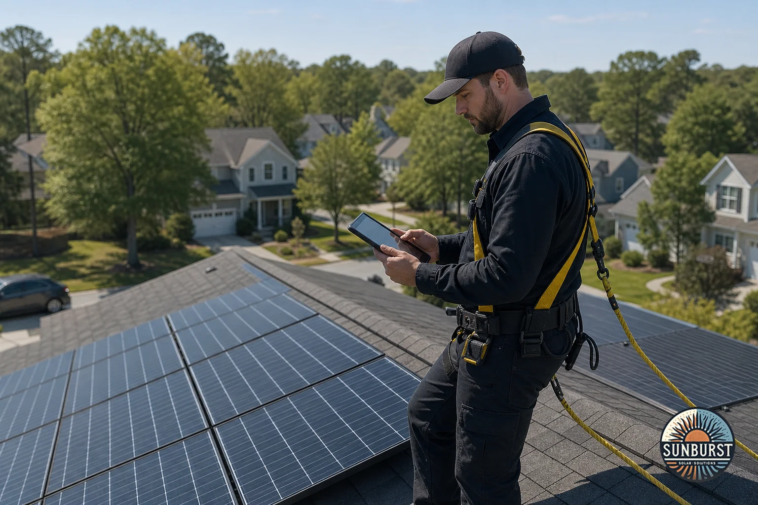 Solar installer measuring and assessing roof for system sizing. Photorealistic photo of a solar installation technician in a dark work uniform standing on a residential rooftop with a tablet, measuring panel layout and roof space, daytime