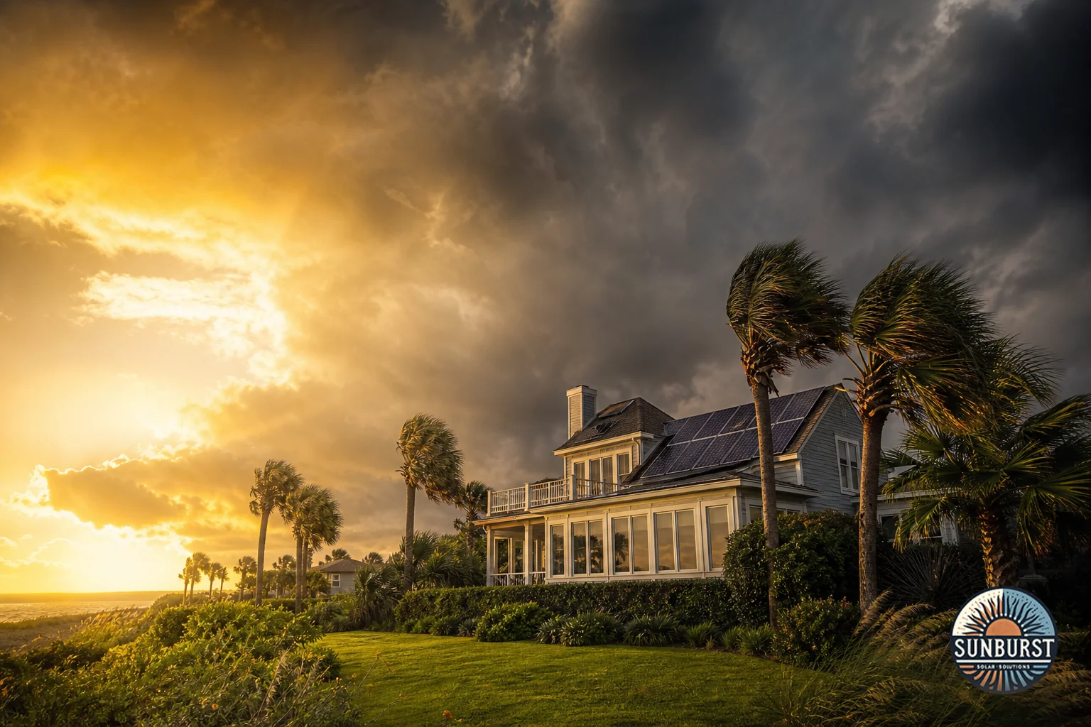 A coastal Hilton Head home with visible storm clouds gathering, illustrating hurricane season backup power stakes. Photorealistic photograph of a coastal South Carolina home on Hilton Head Island with palm trees bending in strong wind
