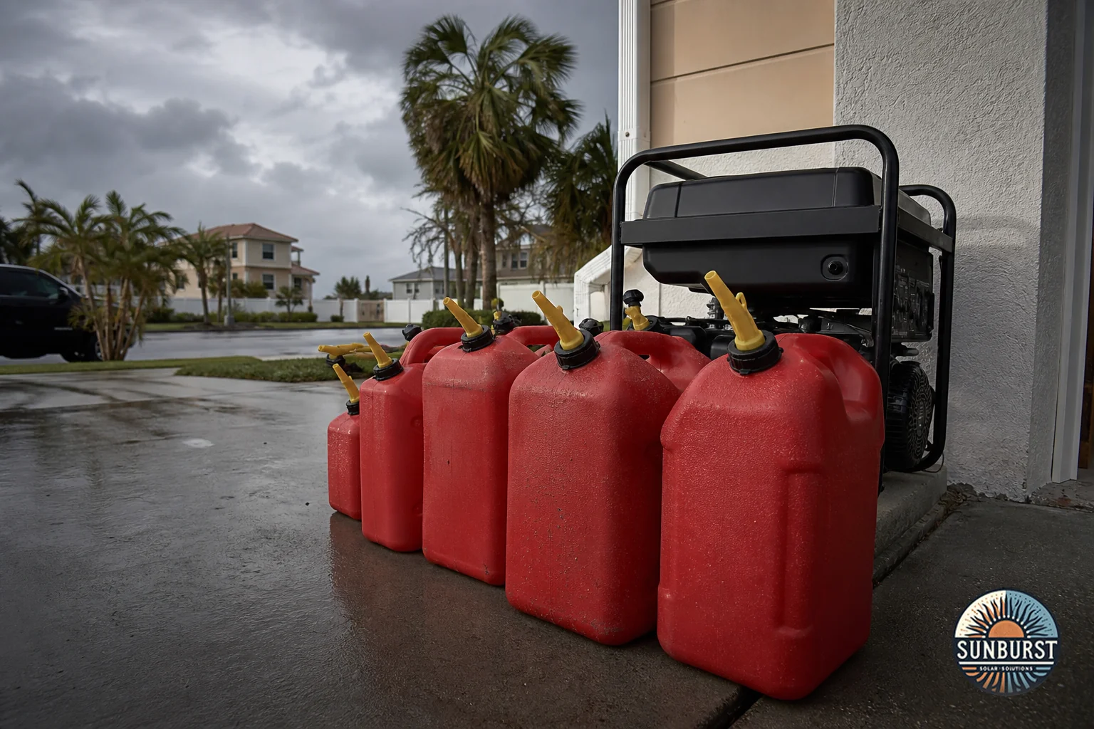 A gas station line or portable fuel cans during hurricane preparation, showing fuel supply stress. Photorealistic photograph of a row of red portable fuel canisters lined up on a driveway next to a home generator, overcast stormy sky in the