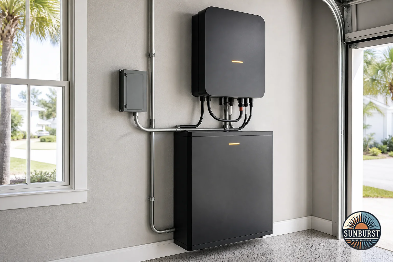 Close-up of a home battery storage unit installed on a garage wall next to an inverter, clean modern installation. Photorealistic photograph of a sleek home solar battery storage unit and inverter mounted on a garage wall in a modern