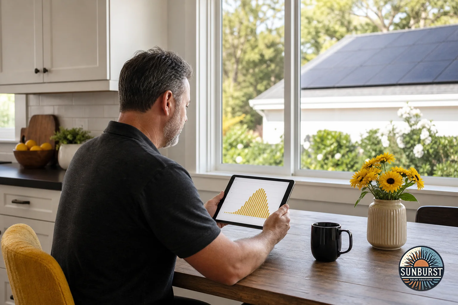 Homeowner reviewing solar production and billing data on a tablet at home. Photorealistic photo of a homeowner sitting at a kitchen table in a bright South Carolina home, looking at a tablet displaying a simple solar energy production
