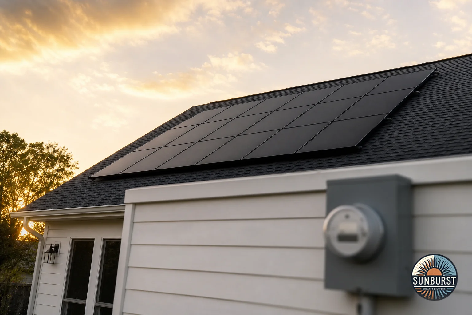 Rooftop solar panels on a South Carolina home with utility meter visible. Photorealistic photo of a modern South Carolina single-family home rooftop with black-on-black solar panels installed, shot from a low angle against a warm
