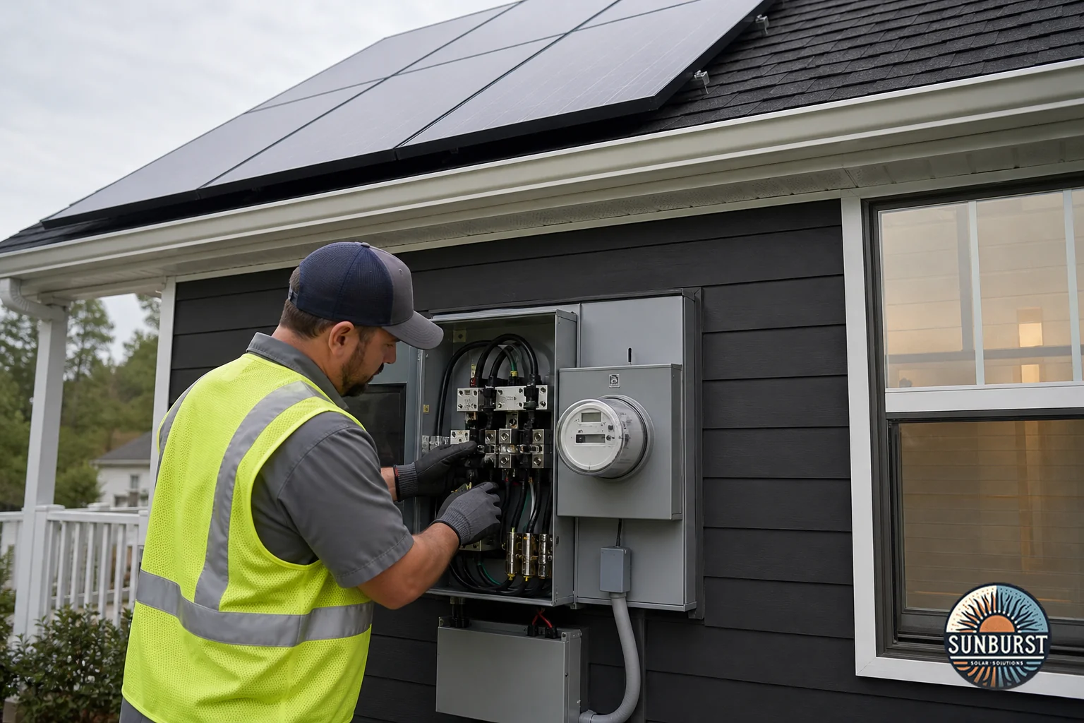 Utility technician inspecting an interconnection panel near a solar-equipped SC home. Photorealistic photo of a utility technician in a reflective vest inspecting an electrical interconnection panel and bidirectional meter mounted on the