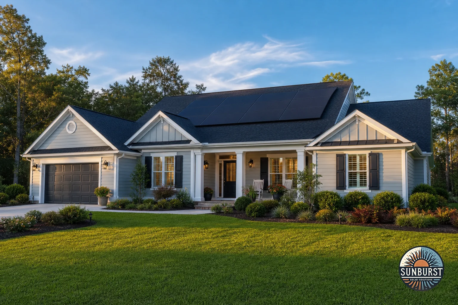 A sunlit South Carolina home with solar panels on the roof, appealing to buyers. Photorealistic image of a charming single-story South Carolina home with black-on-black solar panels neatly installed on the roof, warm late-afternoon