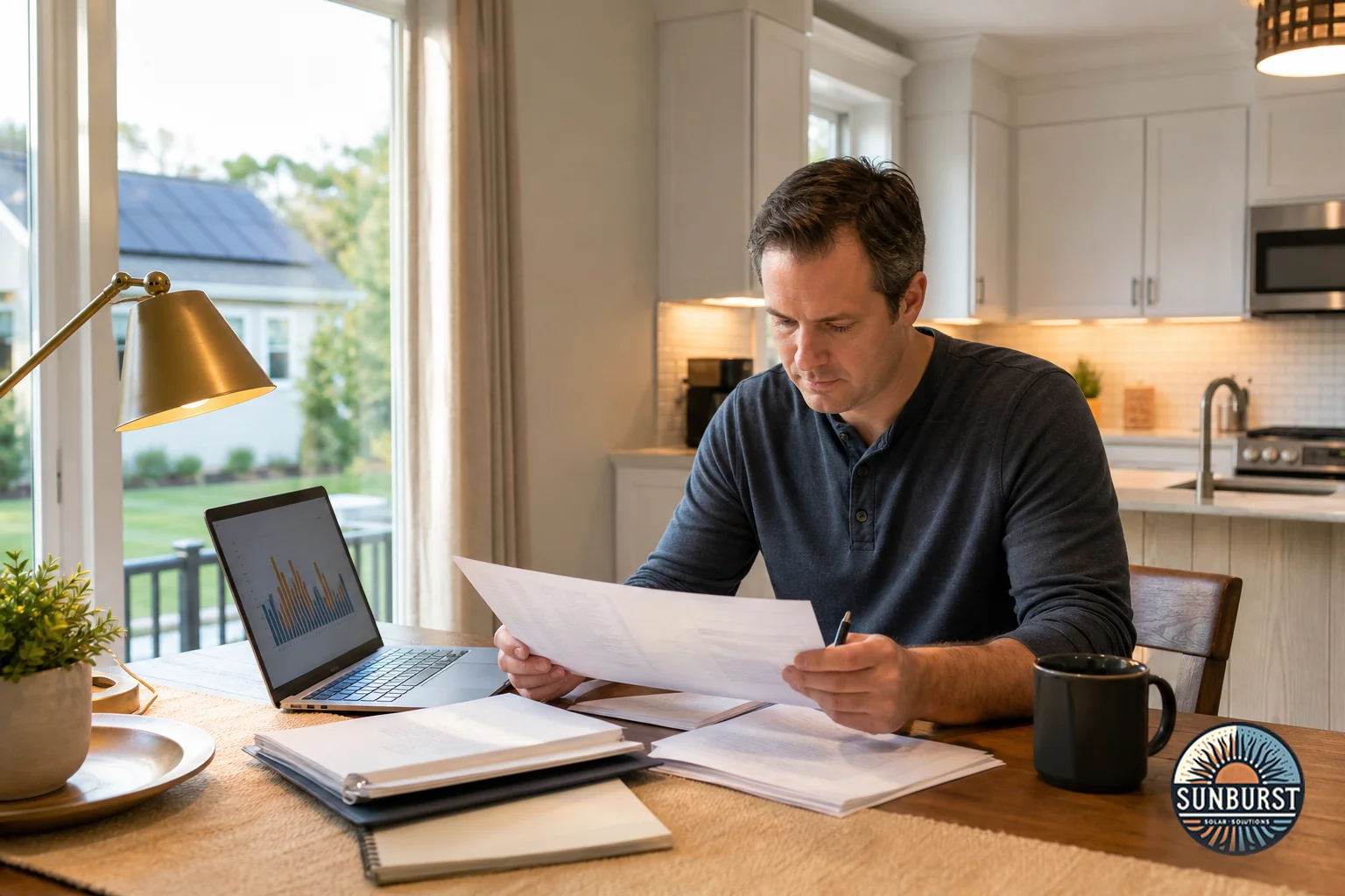 Homeowner reviewing solar ownership paperwork at home. Photorealistic image of a homeowner sitting at a kitchen table reviewing solar panel ownership documents and a folder of paperwork, laptop open showing a simple energy chart, natural